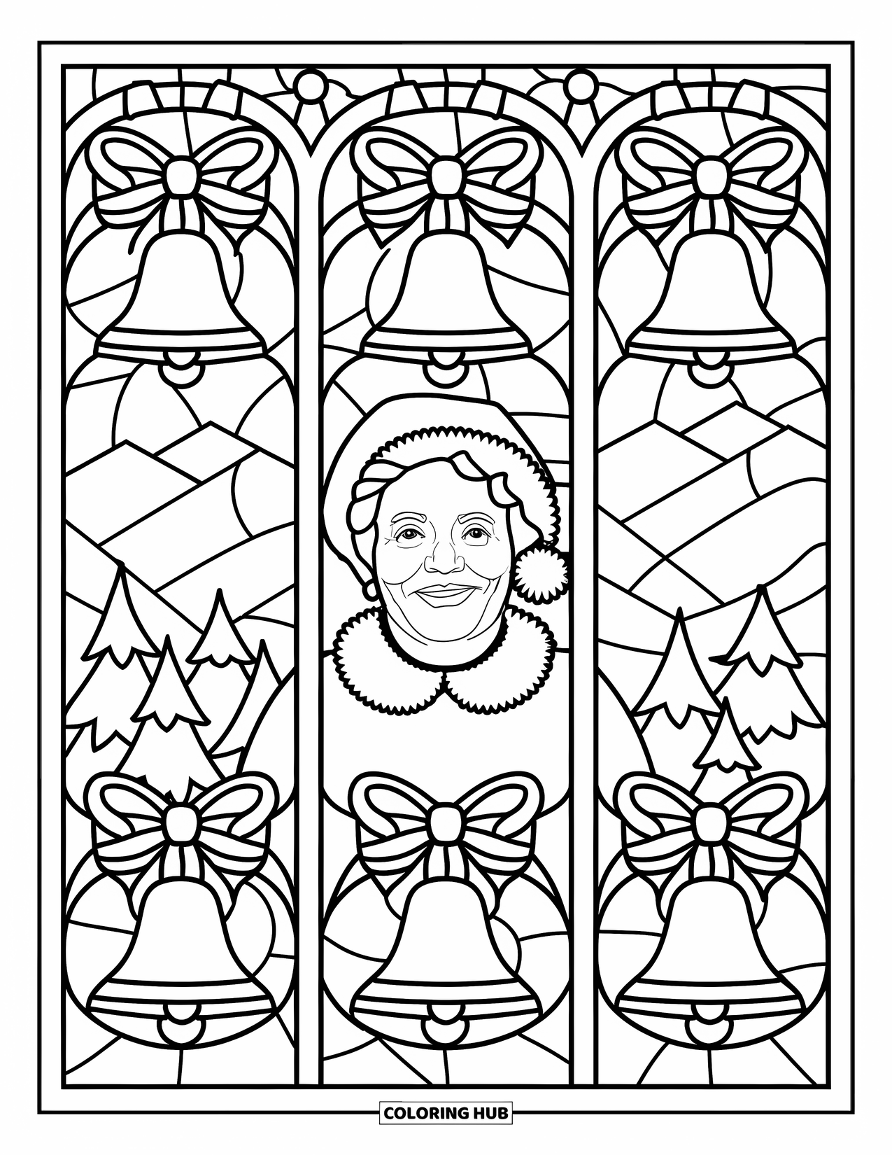 Mrs. Claus Coloring Page for Adults: Mrs. Claus beams with joy under swirling glass and snowy hills