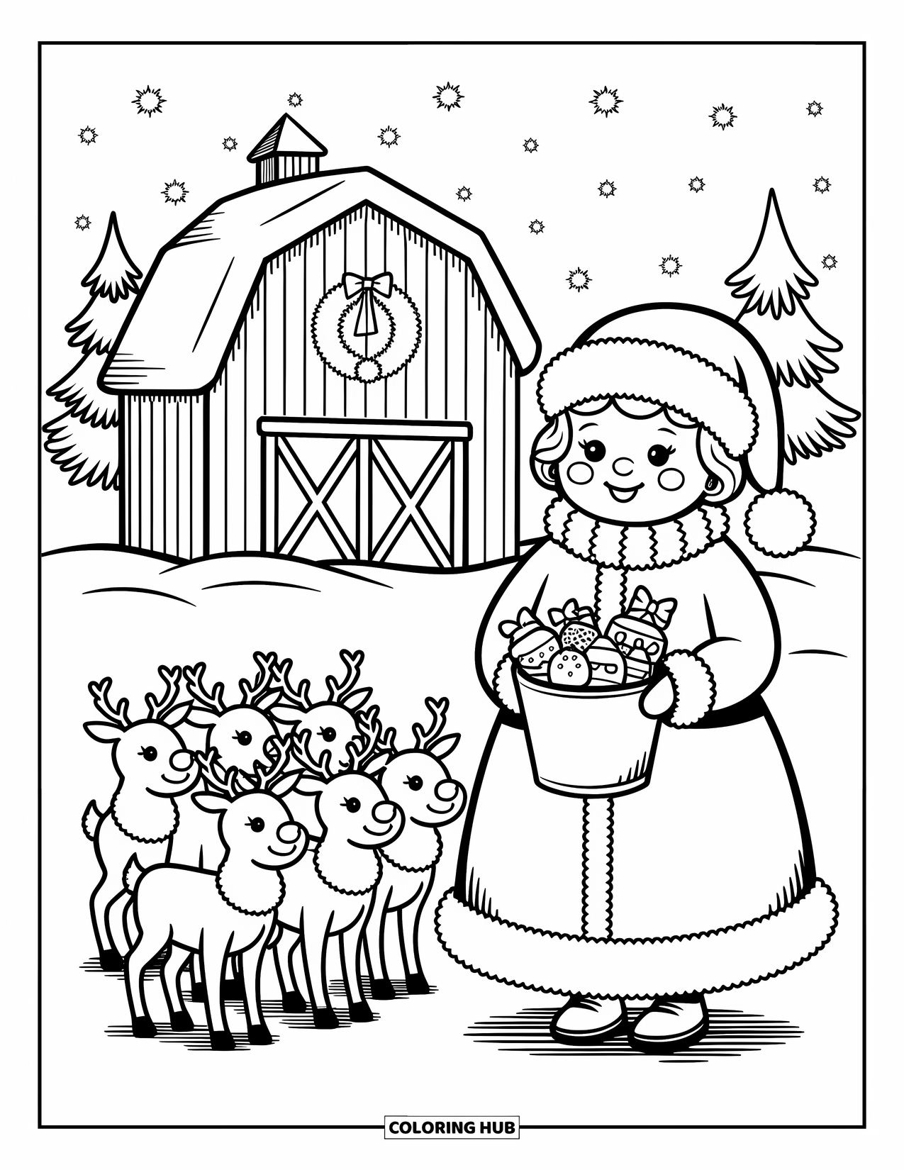 Mrs. Claus Coloring Page for Adults: Mrs. Claus brings treats for reindeer outside a snowy barn