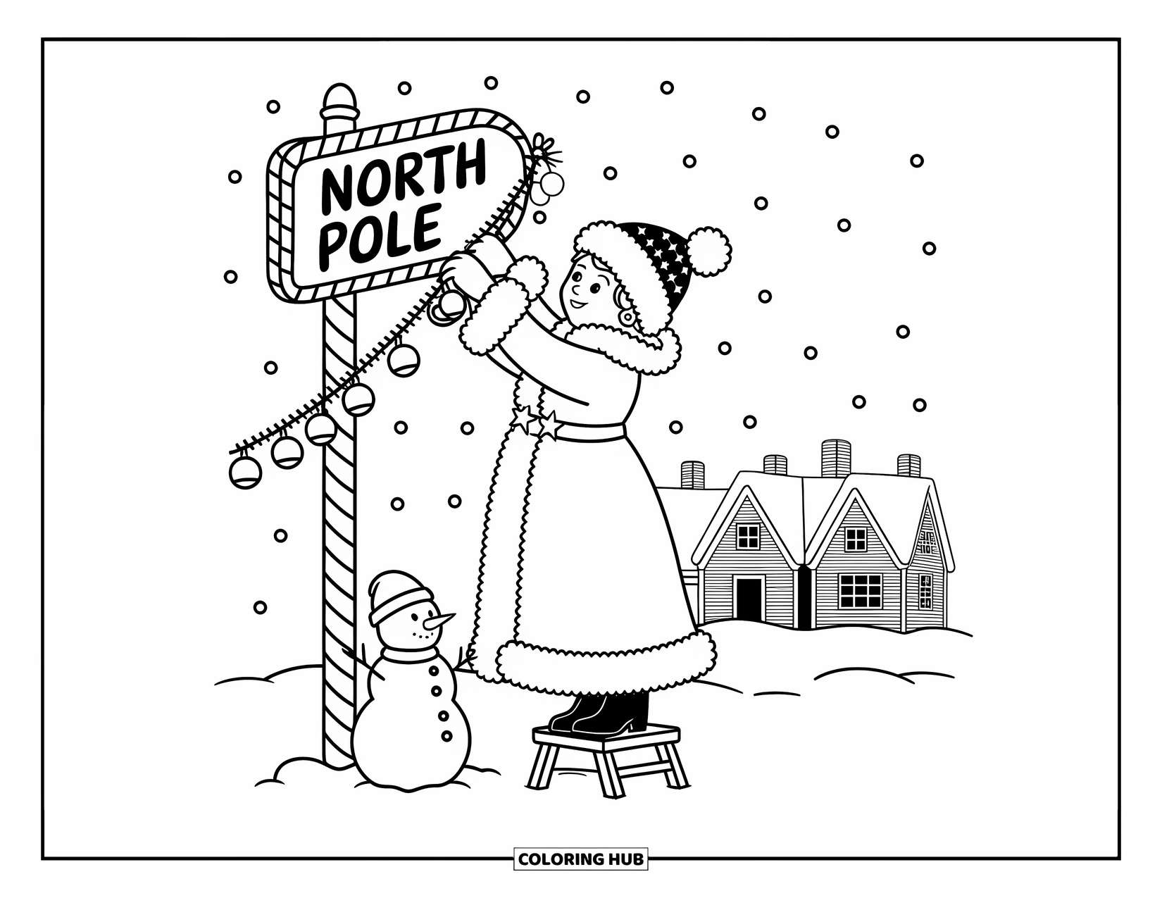 Mrs. Claus Coloring Page for Adults: Mrs. Claus carefully decorates the North Pole sign in festive cheer