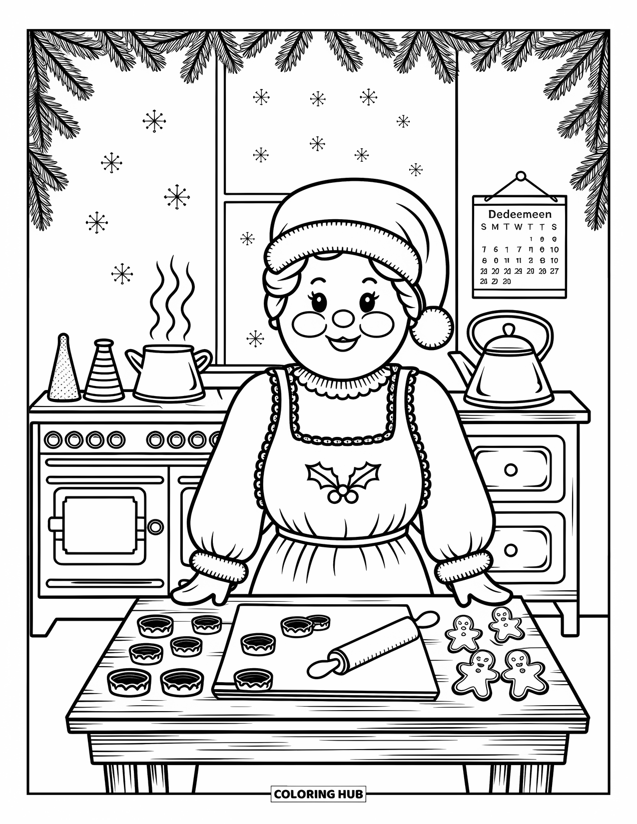 Mrs. Claus Coloring Page for Adults: Mrs. Claus prepares holiday cookies in her North Pole kitchen