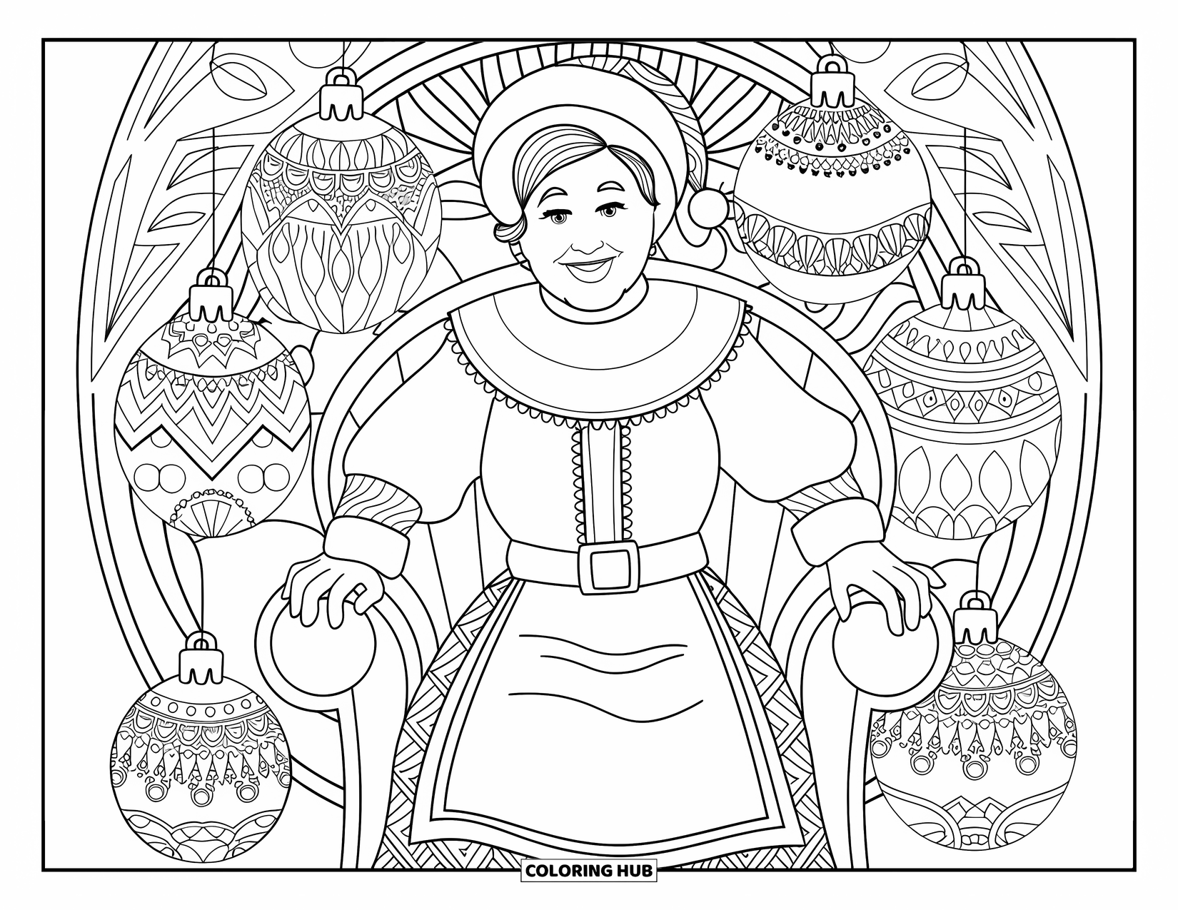 Mrs. Claus Coloring Page for Adults: Mrs. Claus smiles warmly, surrounded by floral ornaments and festive charm