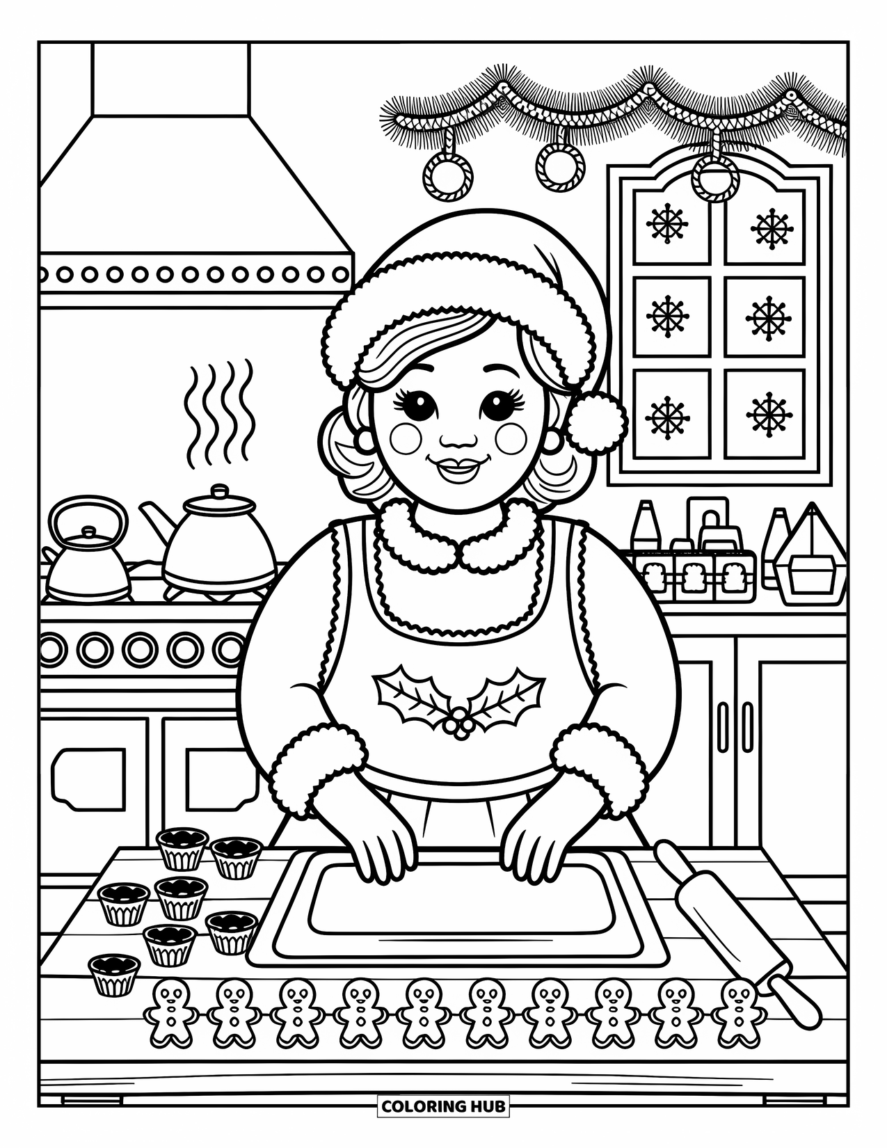 Mrs. Claus Coloring Page for Adults: Mrs. Claus stands by the stove making cookies for Christmas