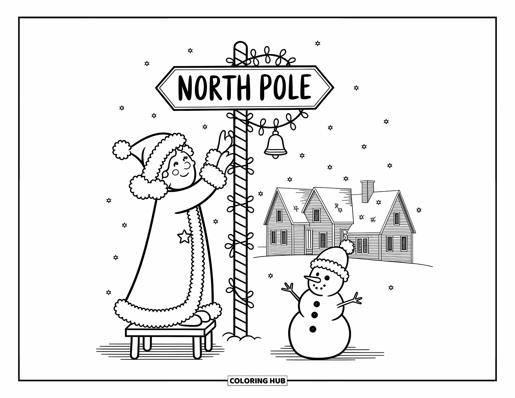 Mrs. Claus Coloring Page for Adults: Mrs. Claus stands on a stool to hang garlands on a North Pole sign