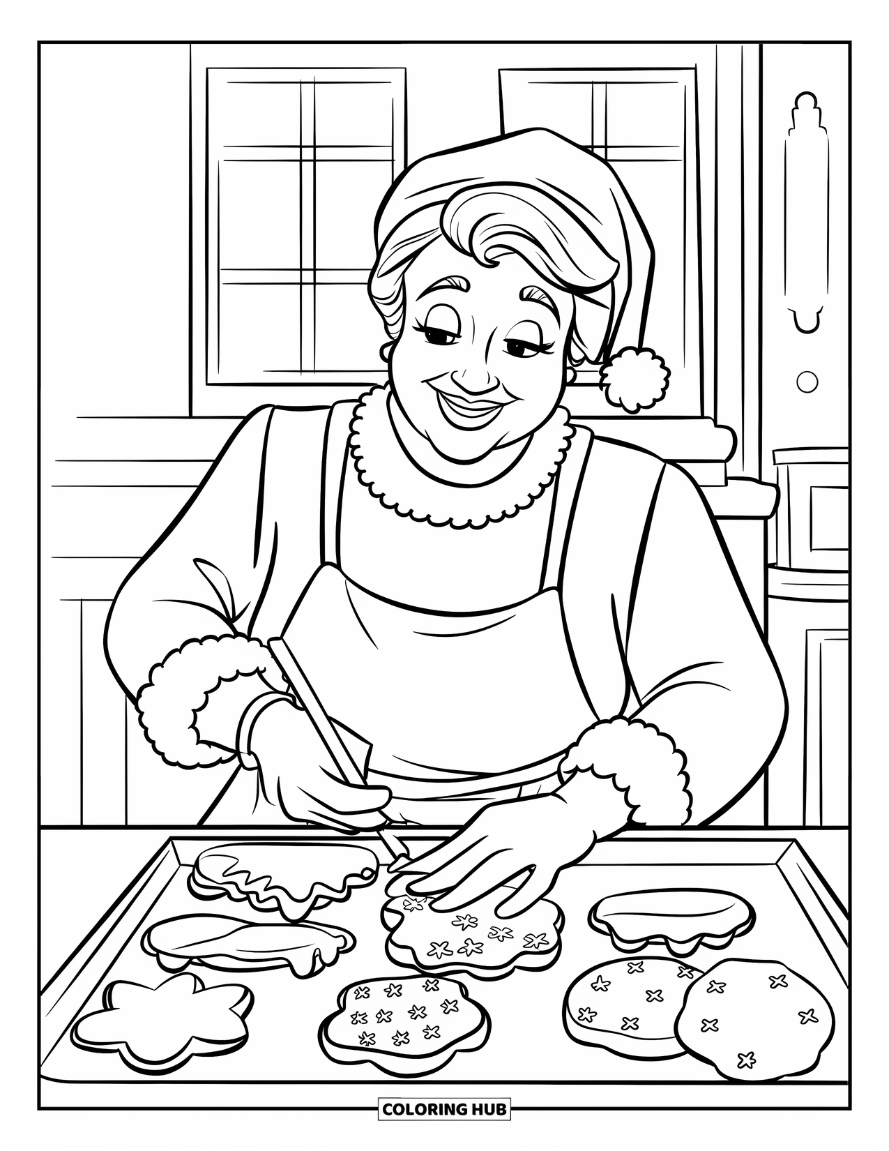 Mrs. Claus Coloring Page for Kids: Mrs. Claus adds icing to her favorite Christmas cookies