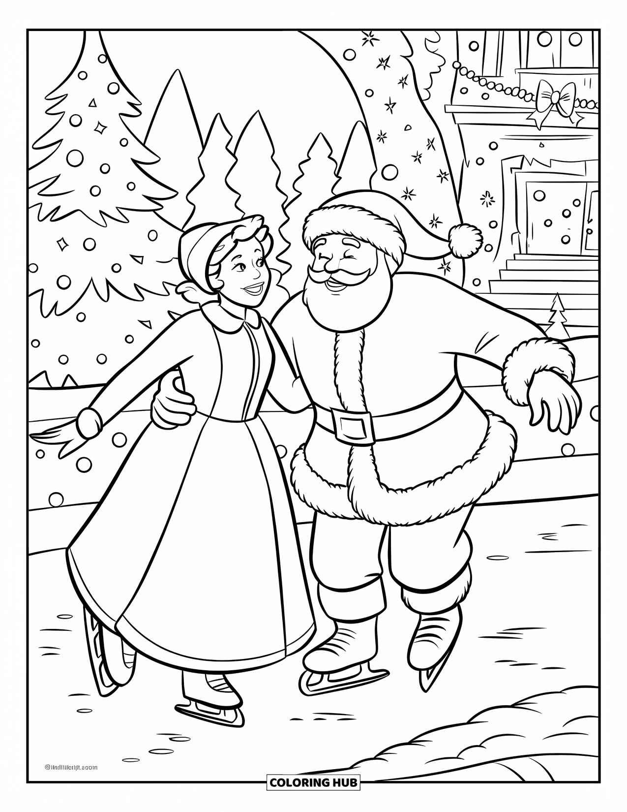 Mrs. Claus Coloring Page for Kids: Mrs. Claus and Santa enjoy skating under the lights