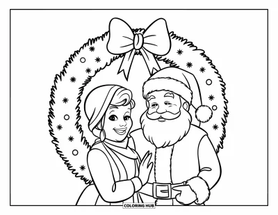 Mikulásné kifestő gyerekeknek: Mikulásné és a Mikulás együtt pózolnak egy karácsonyi koszorúval