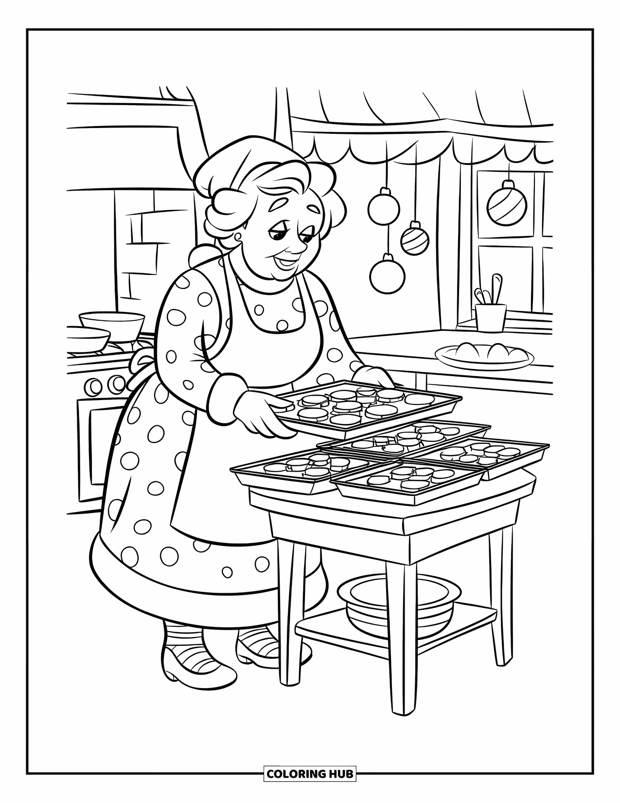 Mrs. Claus Coloring Page for Kids: Mrs. Claus bakes trays of Christmas cookies with care
