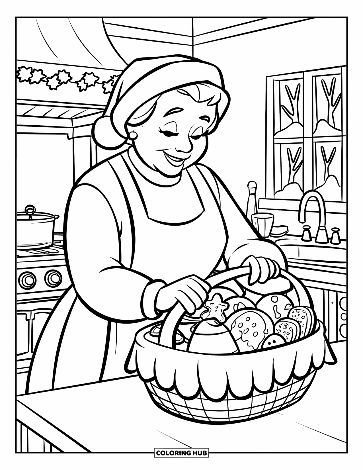 Mrs. Claus Coloring Page for Kids: Mrs. Claus fills a basket with cookies and Christmas goodies