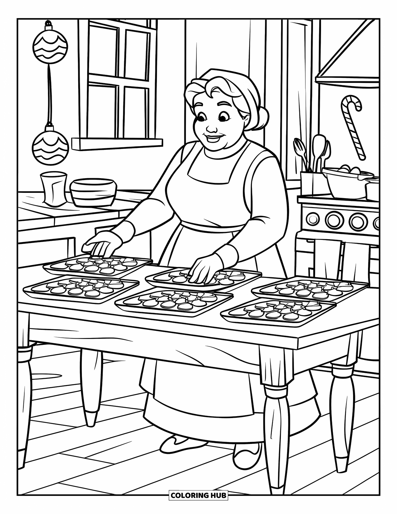 Mrs. Claus Coloring Page for Kids: Mrs. Claus happily prepares trays of holiday cookies