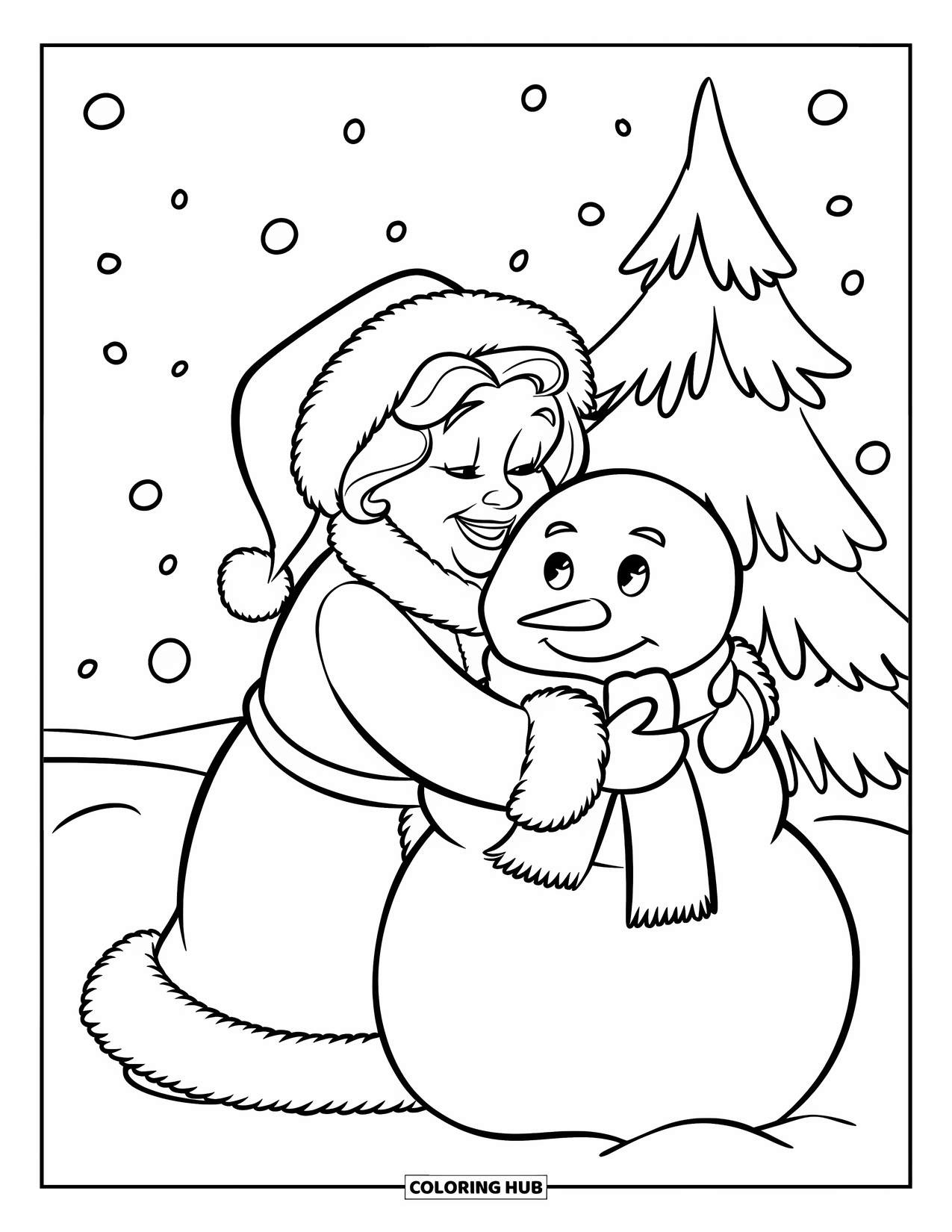 Mrs. Claus Coloring Page for Kids: Mrs. Claus hugs a snowman in a snowy scene