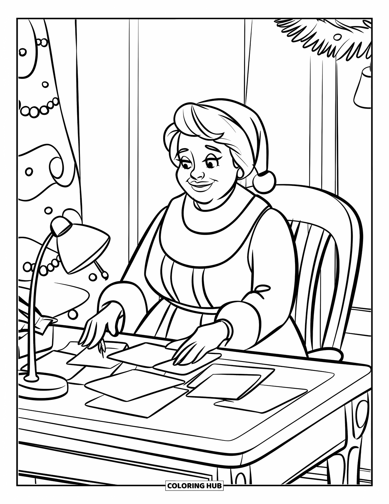 Mrs. Claus Coloring Page for Kids: Mrs. Claus organizes letters in her warm, festive room