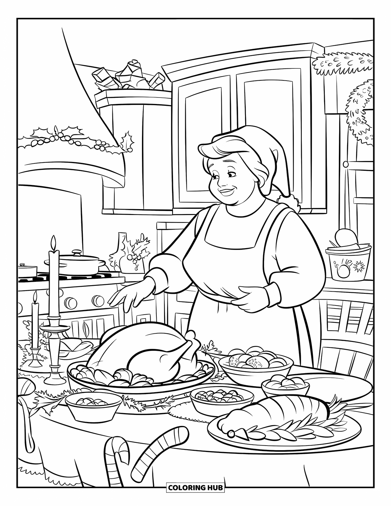 Mrs. Claus Coloring Page for Kids: Mrs. Claus prepares a warm holiday meal with love