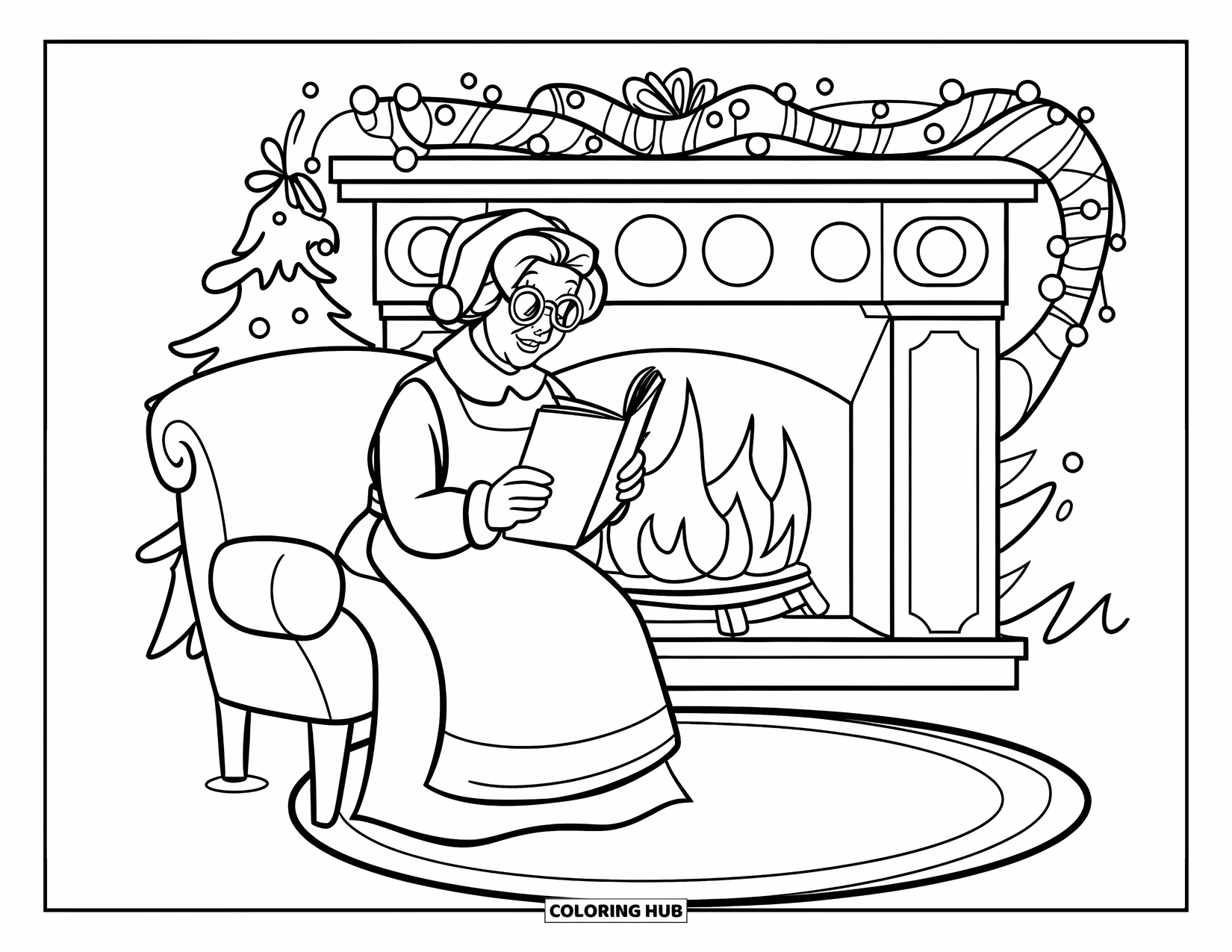 Mrs. Claus Coloring Page for Kids: Mrs. Claus reads a story by the warm fireplace