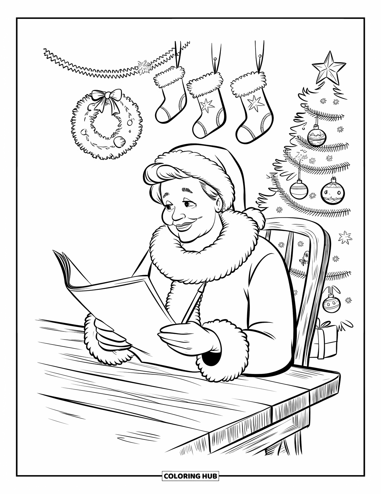 Mrs. Claus Coloring Page for Kids: Mrs. Claus reads her list in a cozy living room