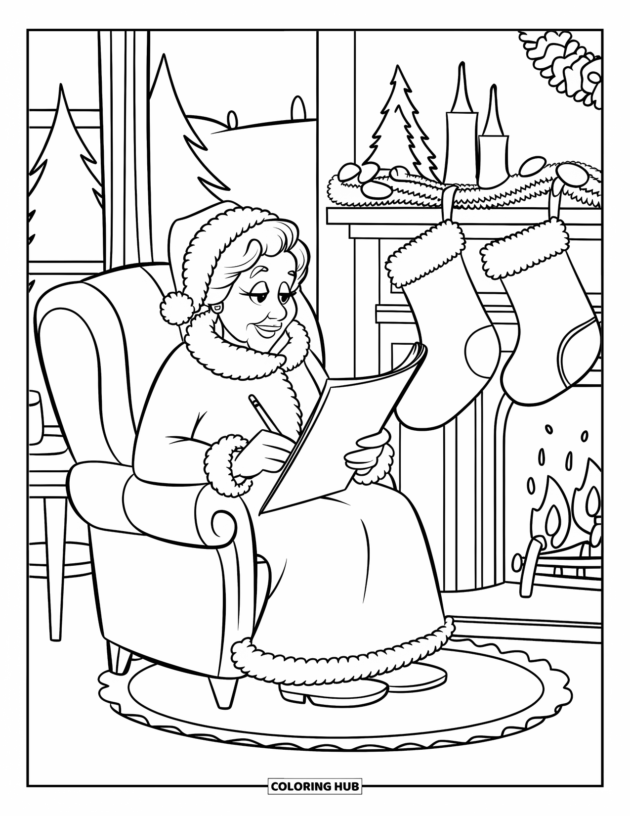 Mrs. Claus Coloring Page for Kids: Mrs. Claus reviews her checklist with a pencil in hand