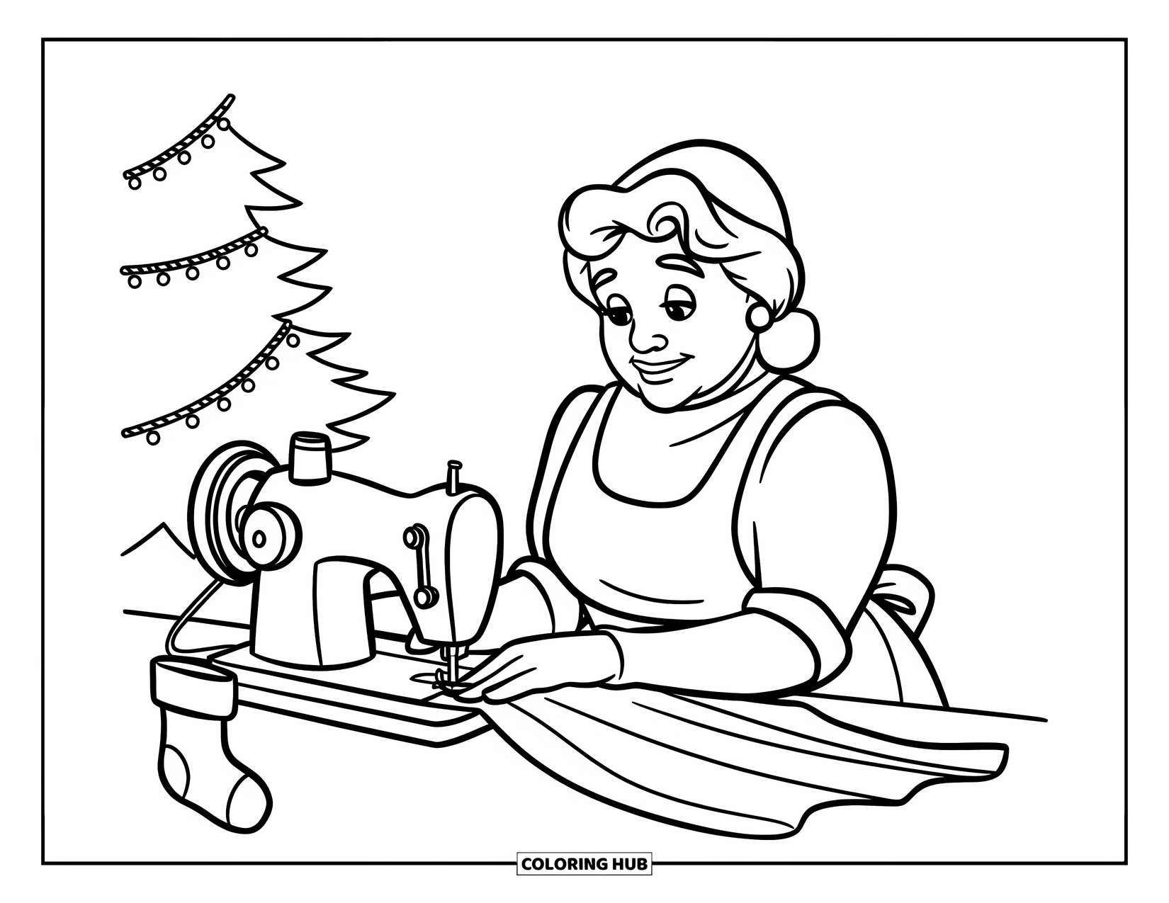Mrs. Claus Coloring Page for Kids: Mrs. Claus sews a festive suit at her sewing table