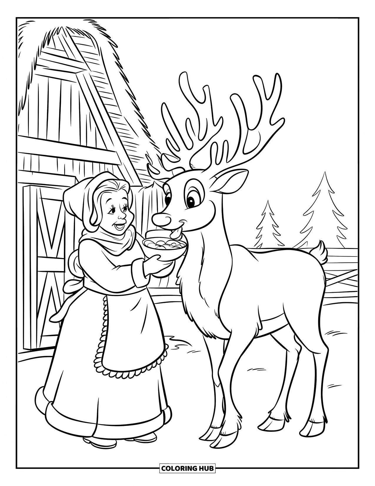 Mrs. Claus Coloring Page for Kids: Mrs. Claus shares a snack with a reindeer in the snow