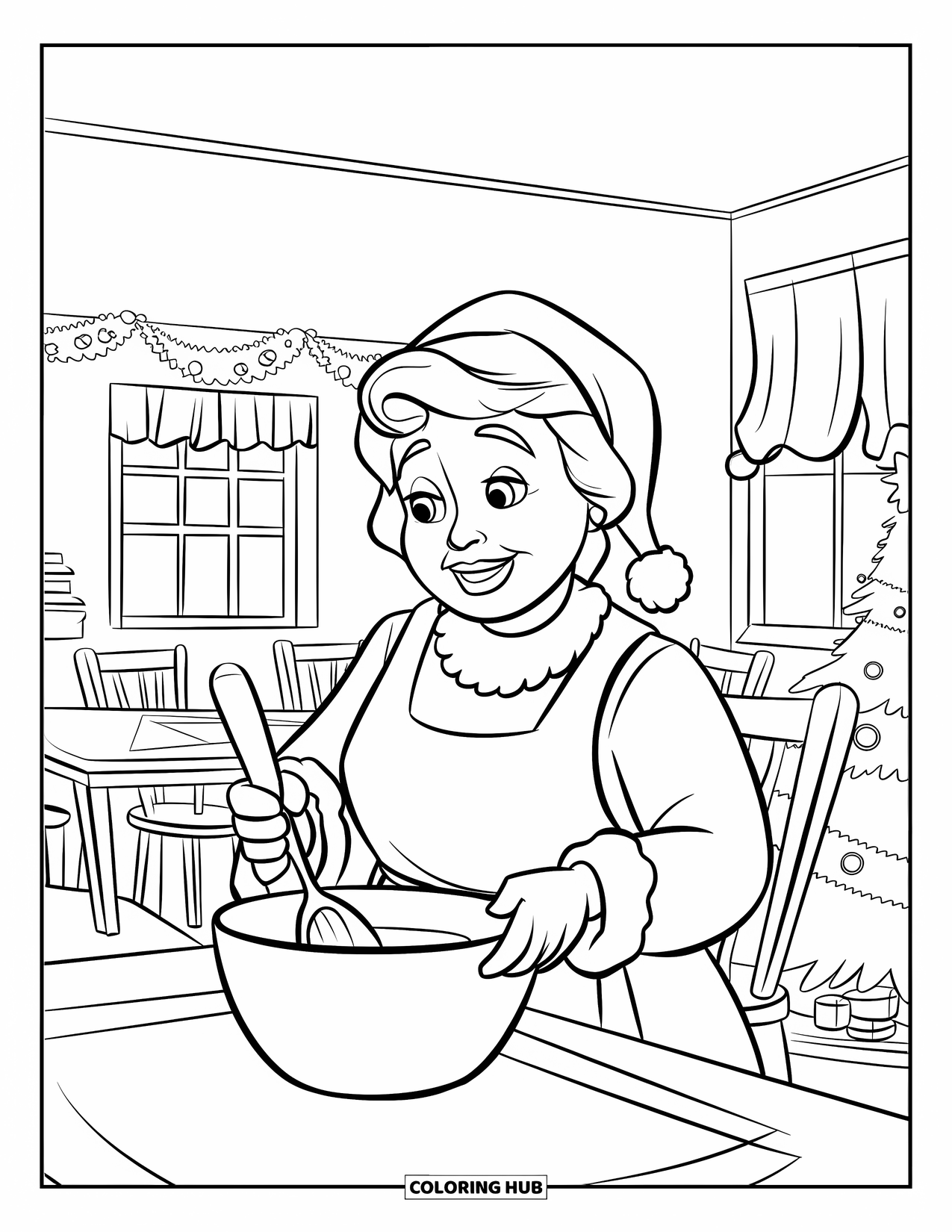 Mrs. Claus Coloring Page for Kids: Mrs. Claus stirs her bowl in a festive kitchen