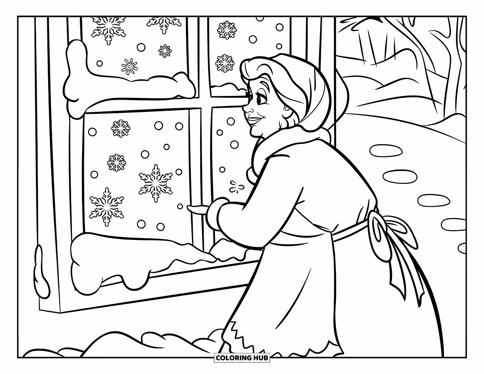 Mrs. Claus Coloring Page for Kids: Mrs. Claus watches the snow through a frosted holiday window
