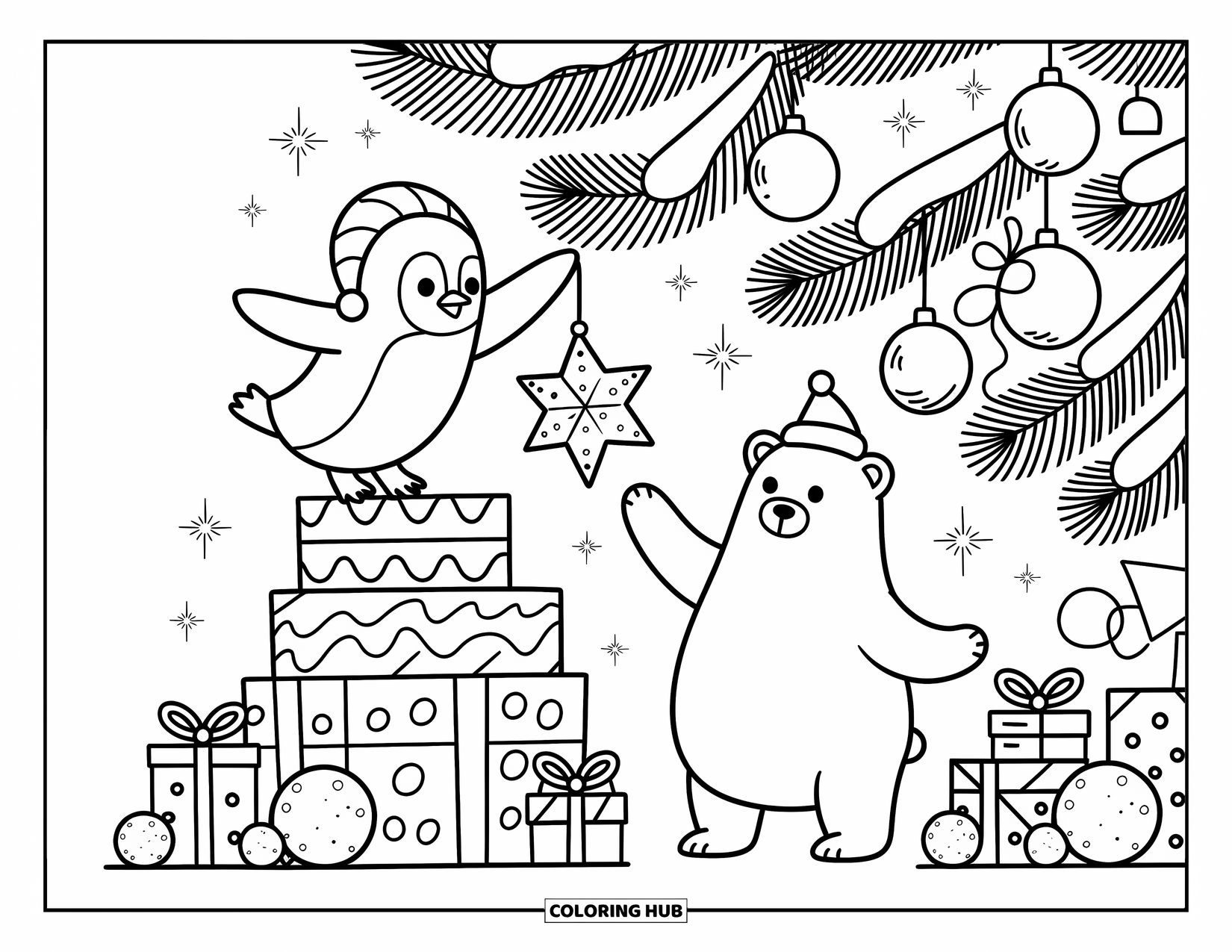 North Pole Coloring Page for Adults: A bear and penguin spread holiday cheer beneath twinkling stars and a snowy tree