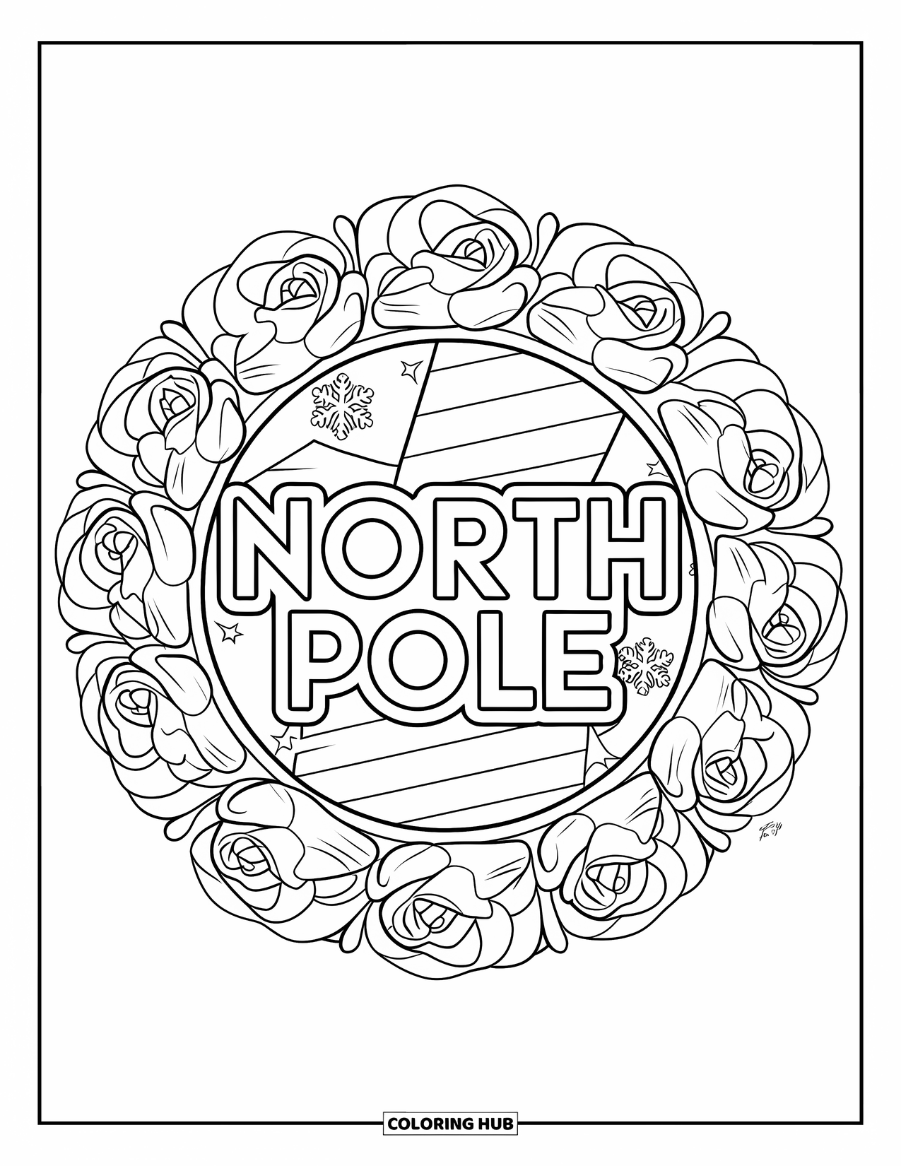North Pole Coloring Page for Adults: A floral mandala of roses surrounds a candy-striped North Pole sign