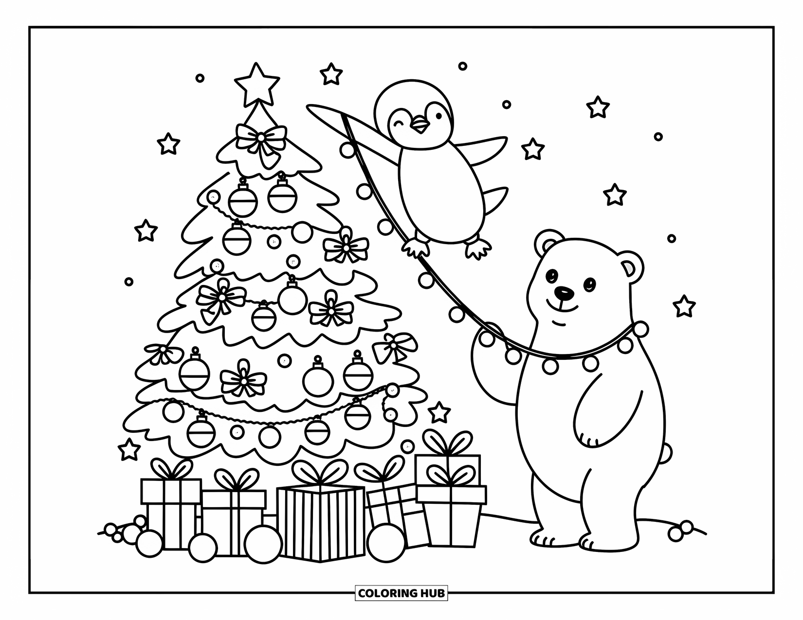 North Pole Coloring Page for Adults: A penguin balances on gifts to hang a star while a bear holds glowing lights