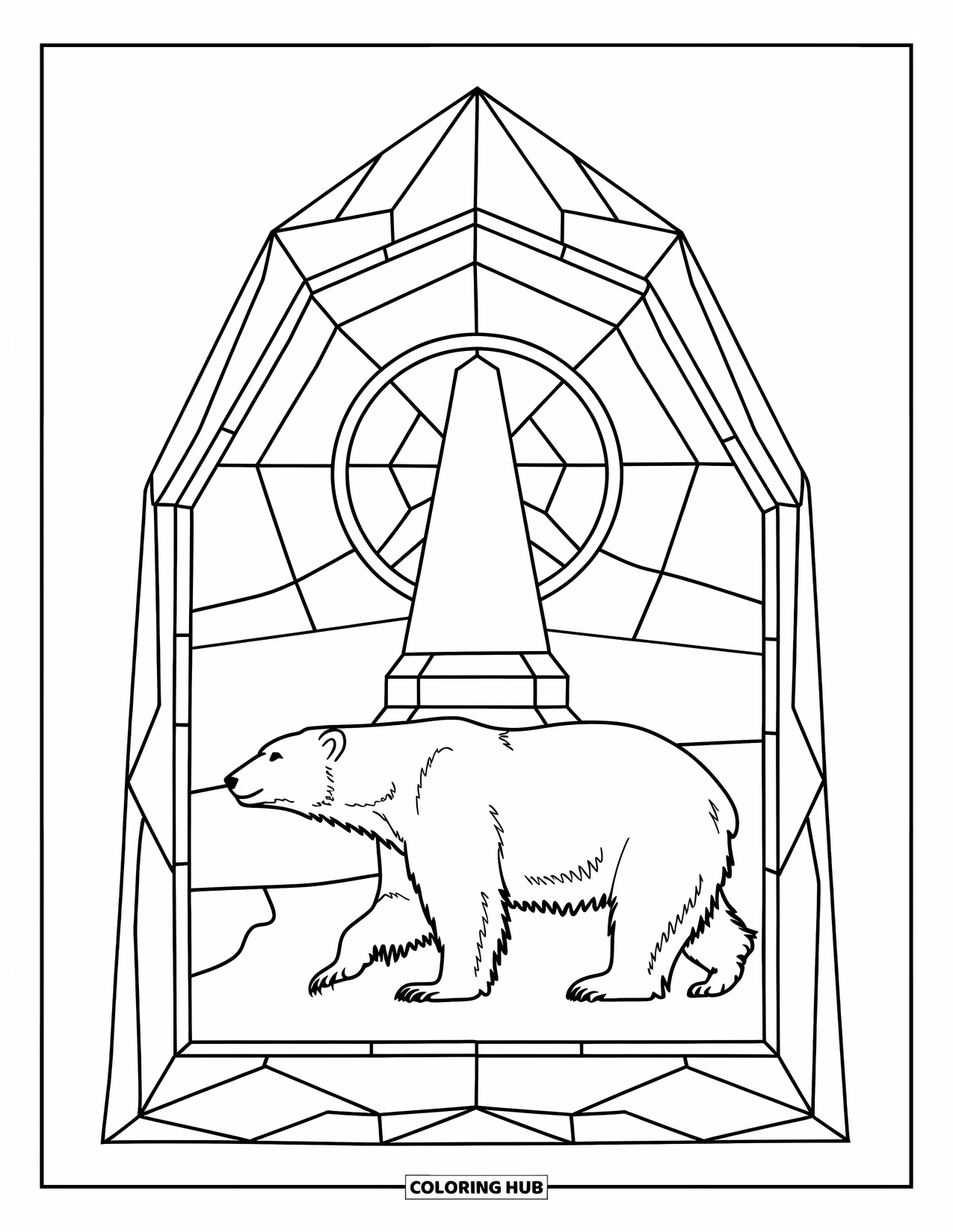 North Pole Coloring Page for Adults: A polar bear walks past the North Pole in an icy crystal frame