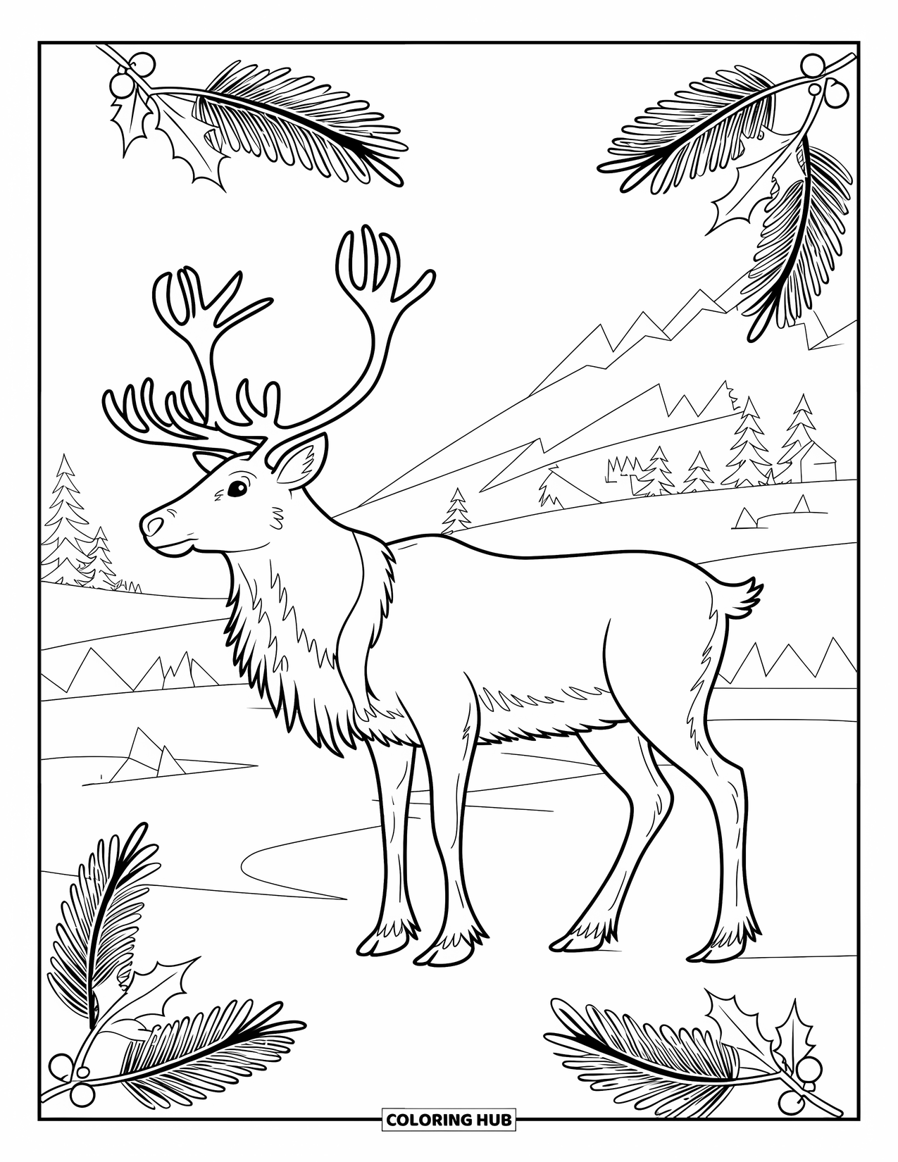 North Pole Coloring Page for Adults: A proud reindeer stands on snowy ground surrounded by holly and pine