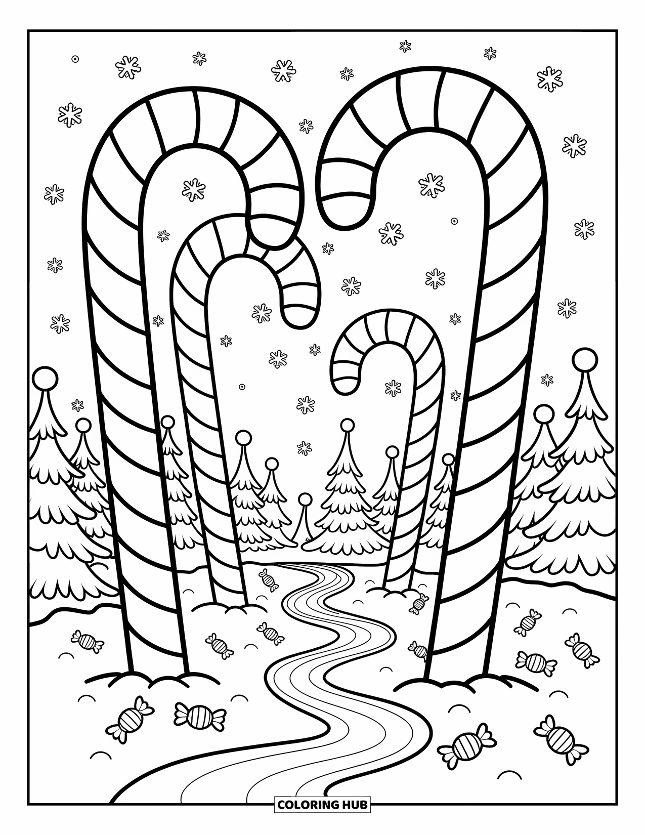 North Pole Coloring Page for Adults: An aurora dances above cozy cabins and snowy hills with falling sparkles