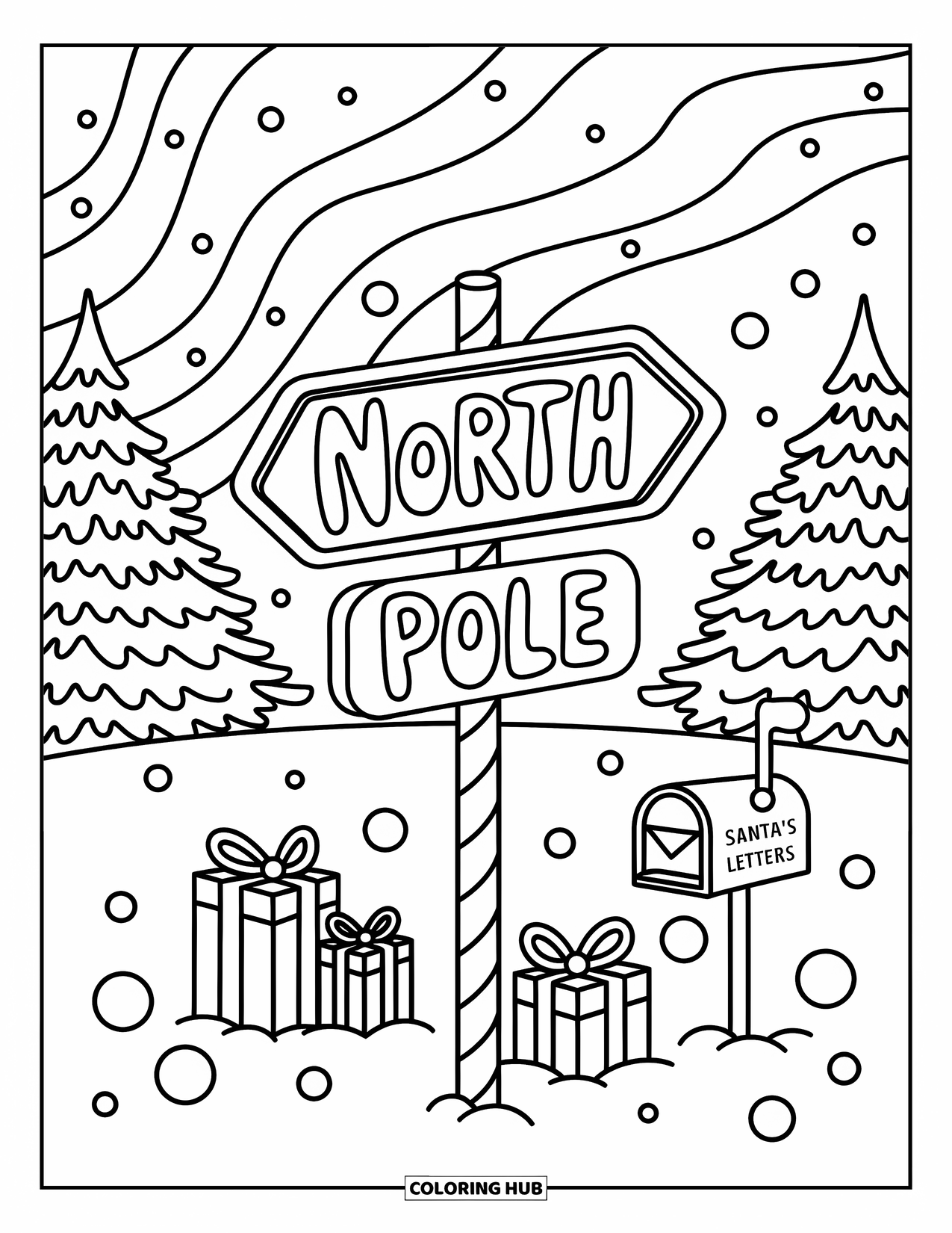 North Pole Coloring Page for Adults: Gifts, reindeer, and clouds surround Santaís sleigh on a cheerful snowy hill