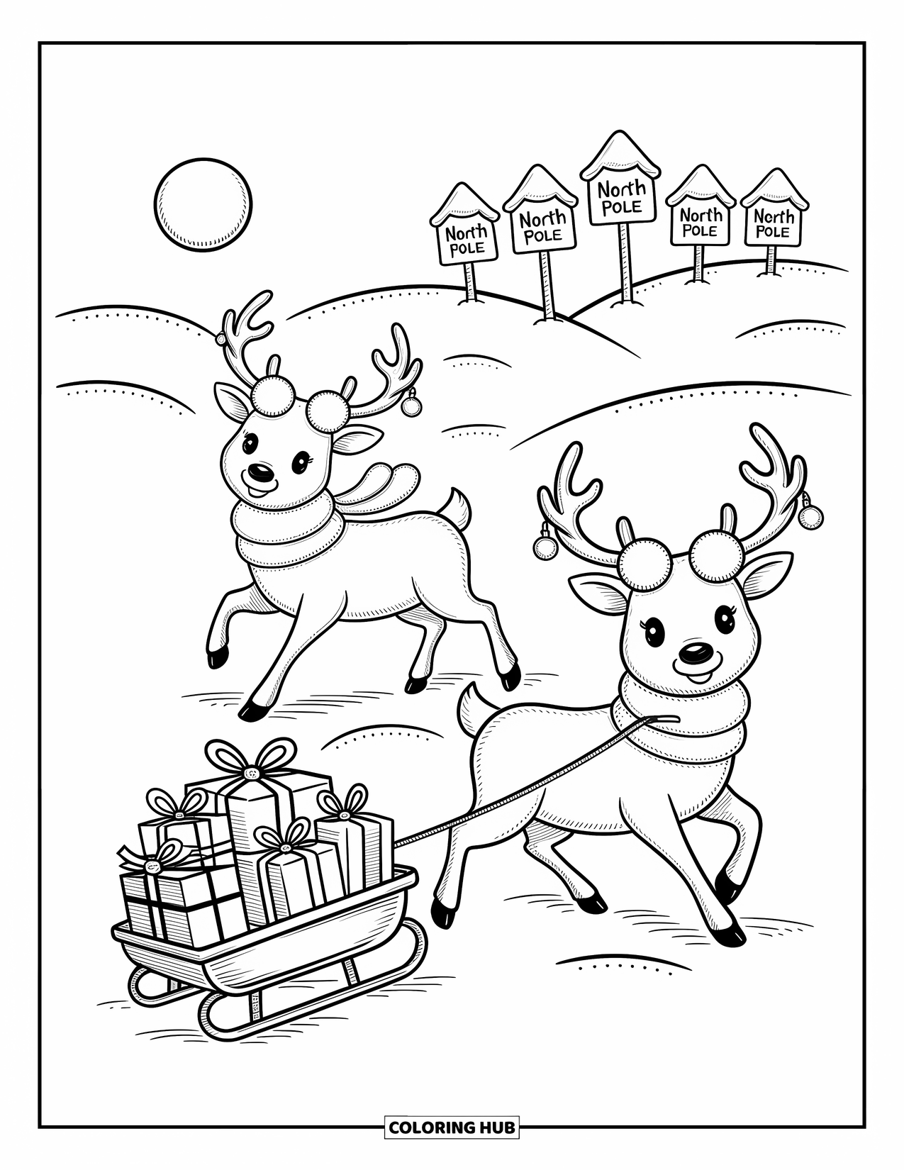 North Pole Coloring Page for Adults: Reindeer trek through snow, tossing snowballs and pulling a sled of wrapped gifts