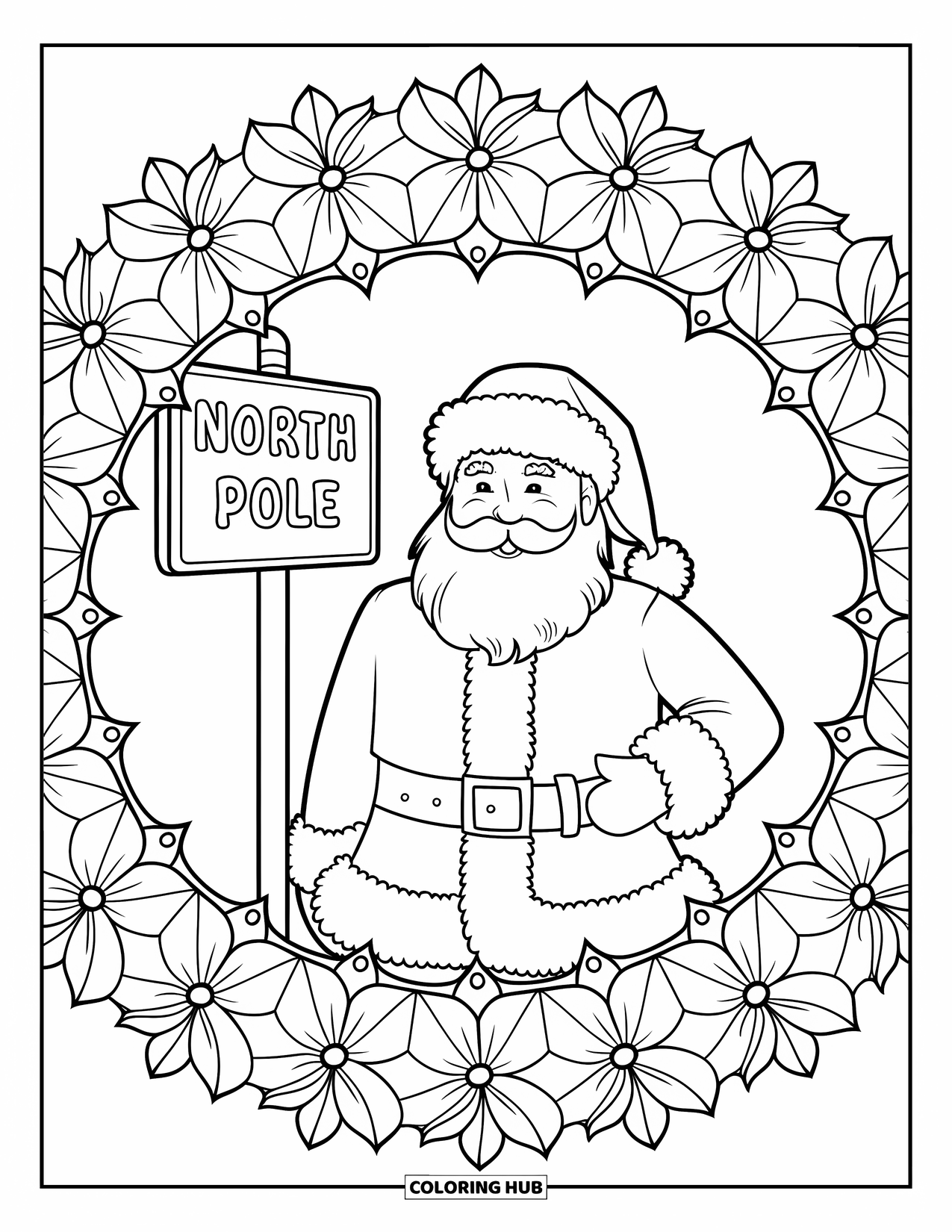 North Pole Coloring Page for Adults: Santa at the North Pole is framed by a wreath of poinsettias