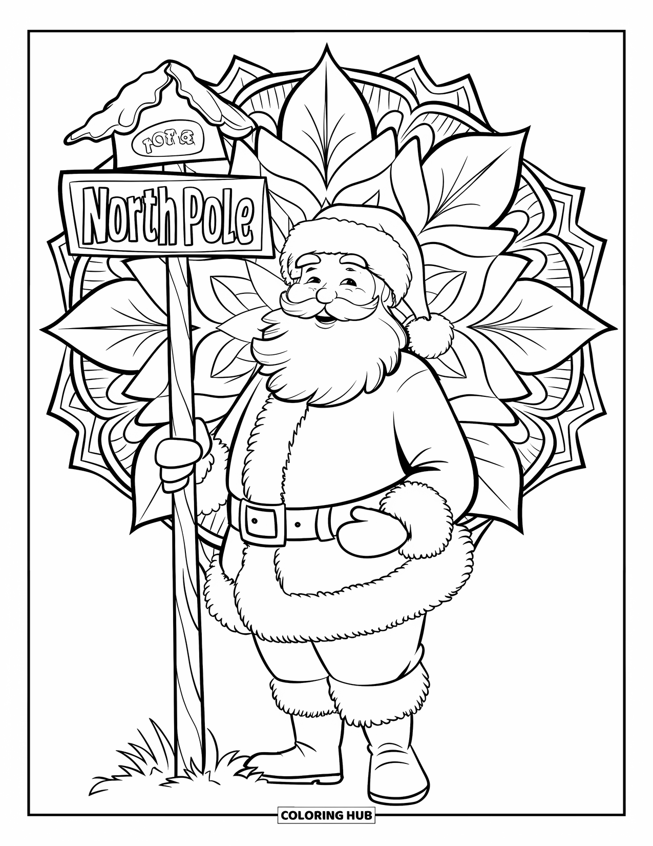 North Pole Coloring Page for Adults: Santa stands at the North Pole framed by festive poinsettia flowers