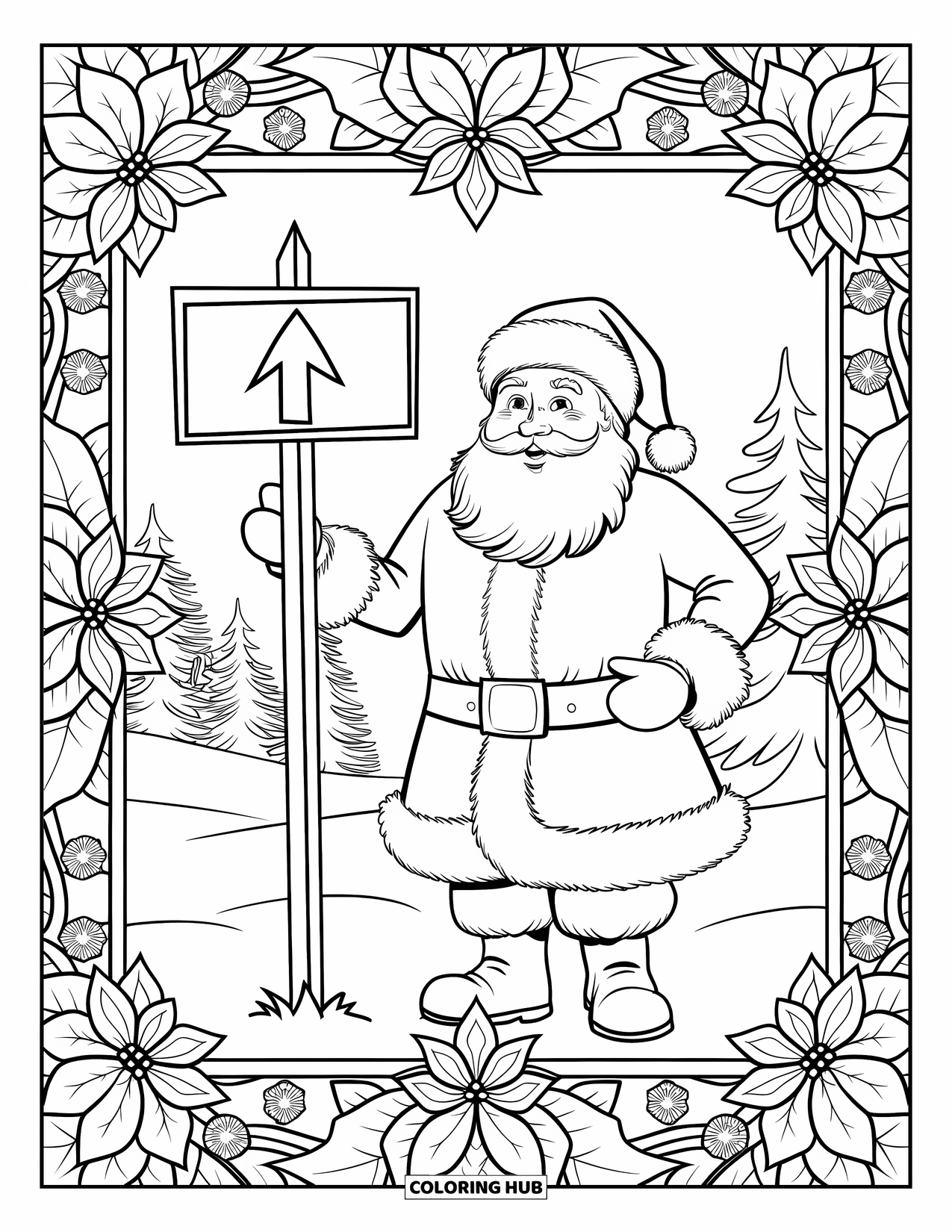 North Pole Coloring Page for Adults: Santa stands proudly by the North Pole sign in a floral mandala