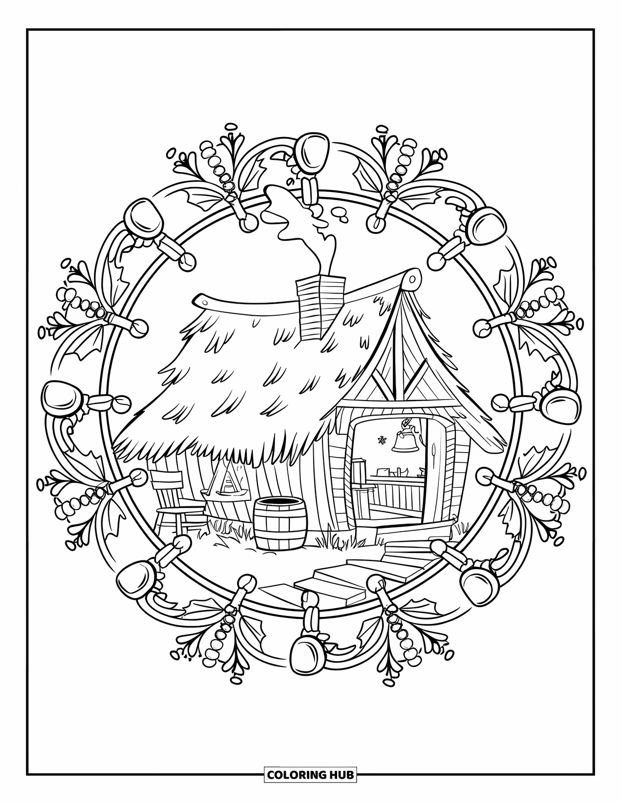 North Pole Coloring Page for Adults: Santaís cozy workshop rests below a festive mandala of mistletoe and bells