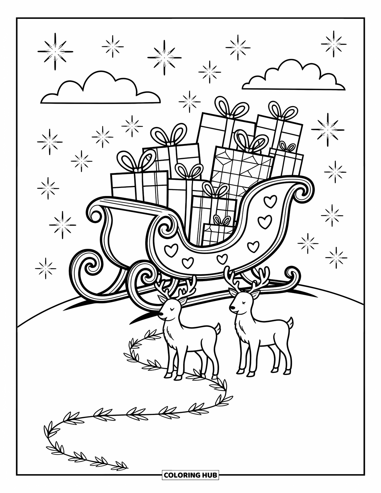 North Pole Coloring Page for Adults: Santaís sleigh sits on a snowy hill, surrounded by bows and fluffy clouds