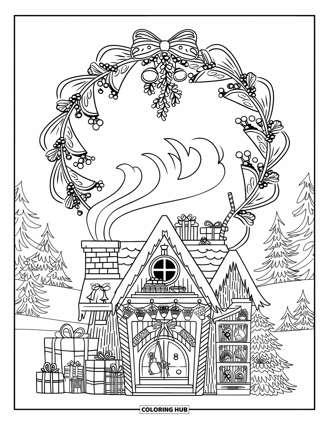 North Pole Coloring Page for Adults: Santaís workshop sits beneath a mistletoe and bells mandala