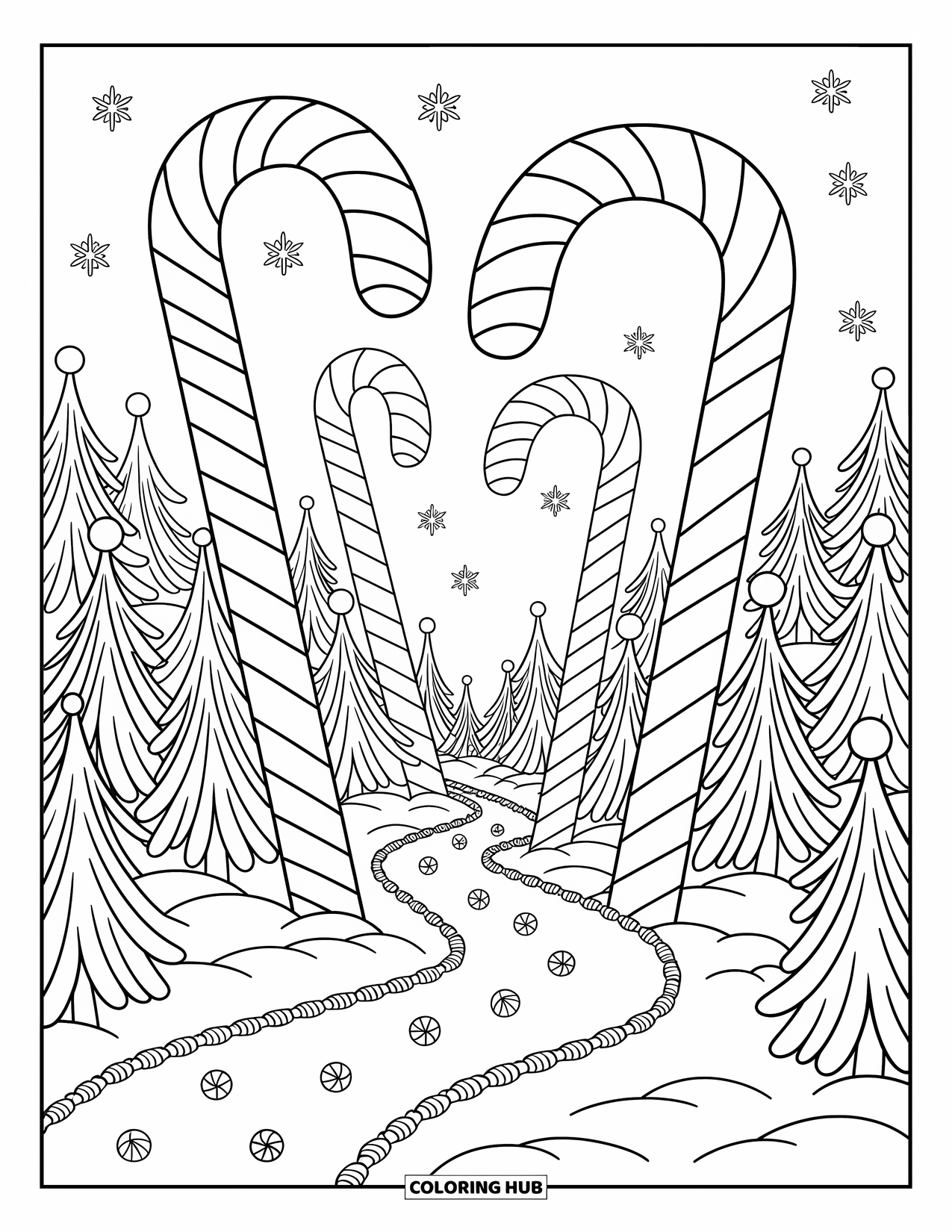 North Pole Coloring Page for Adults: Snowy hills, glowing cabins, and sparkling stars create a dreamy winter night