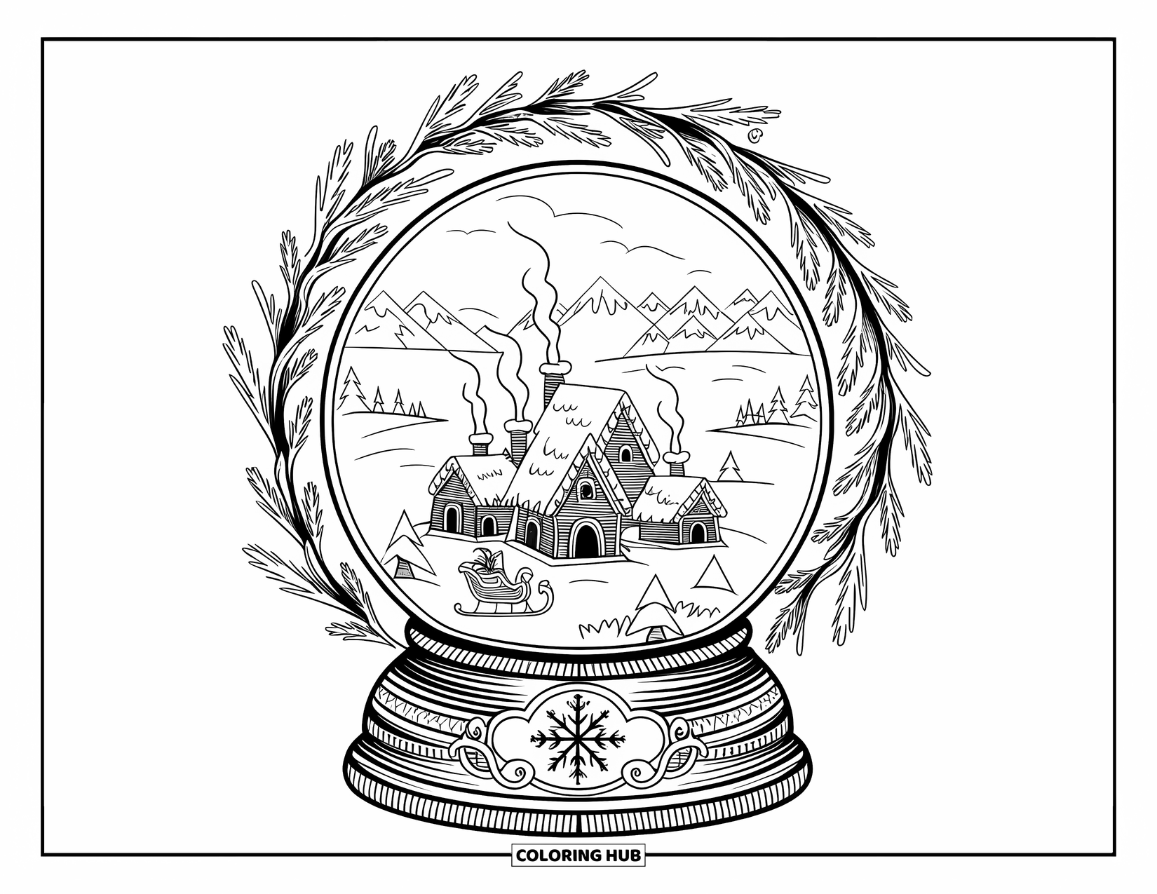 North Pole Coloring Page for Adults: Snowy houses and a sleigh rest inside a frosty snow globe village