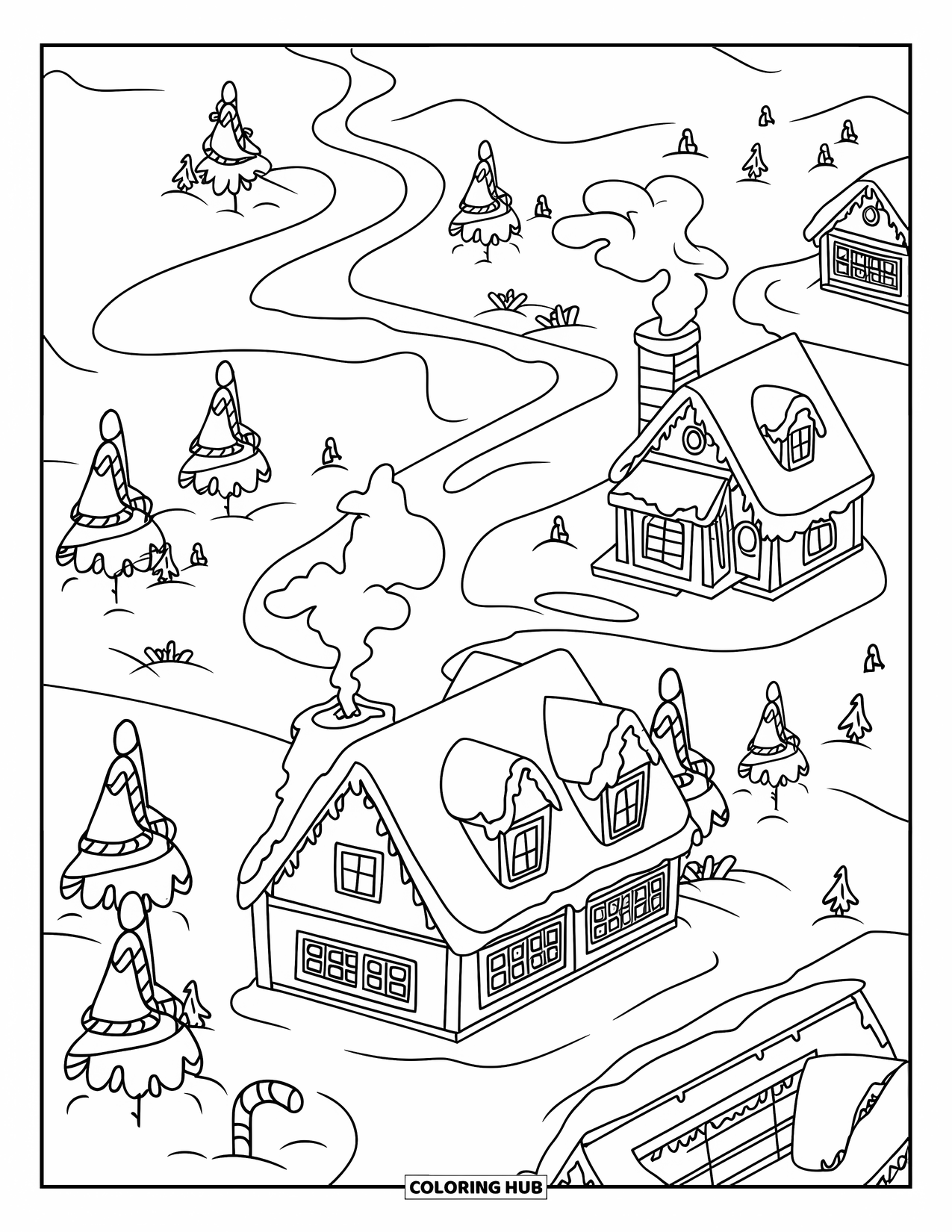 North Pole Coloring Page for Kids: A bird's-eye view of snowy homes with candy cane trees and paths