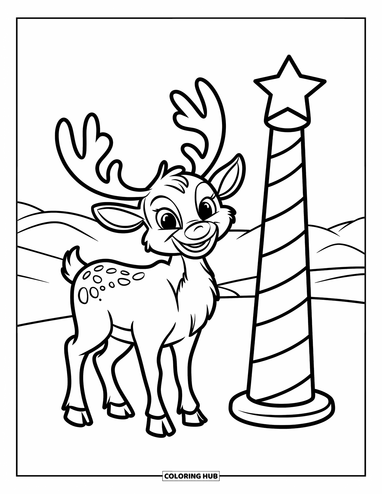 North Pole Coloring Page for Kids: A cheerful reindeer with antlers by a candy cane-striped snowy pole