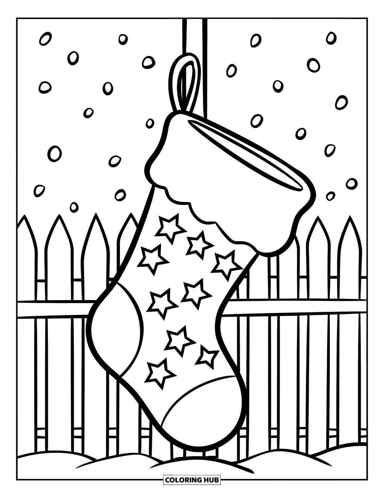 North Pole Coloring Page for Kids: A Christmas stocking full of stars hanging on a snowy pole