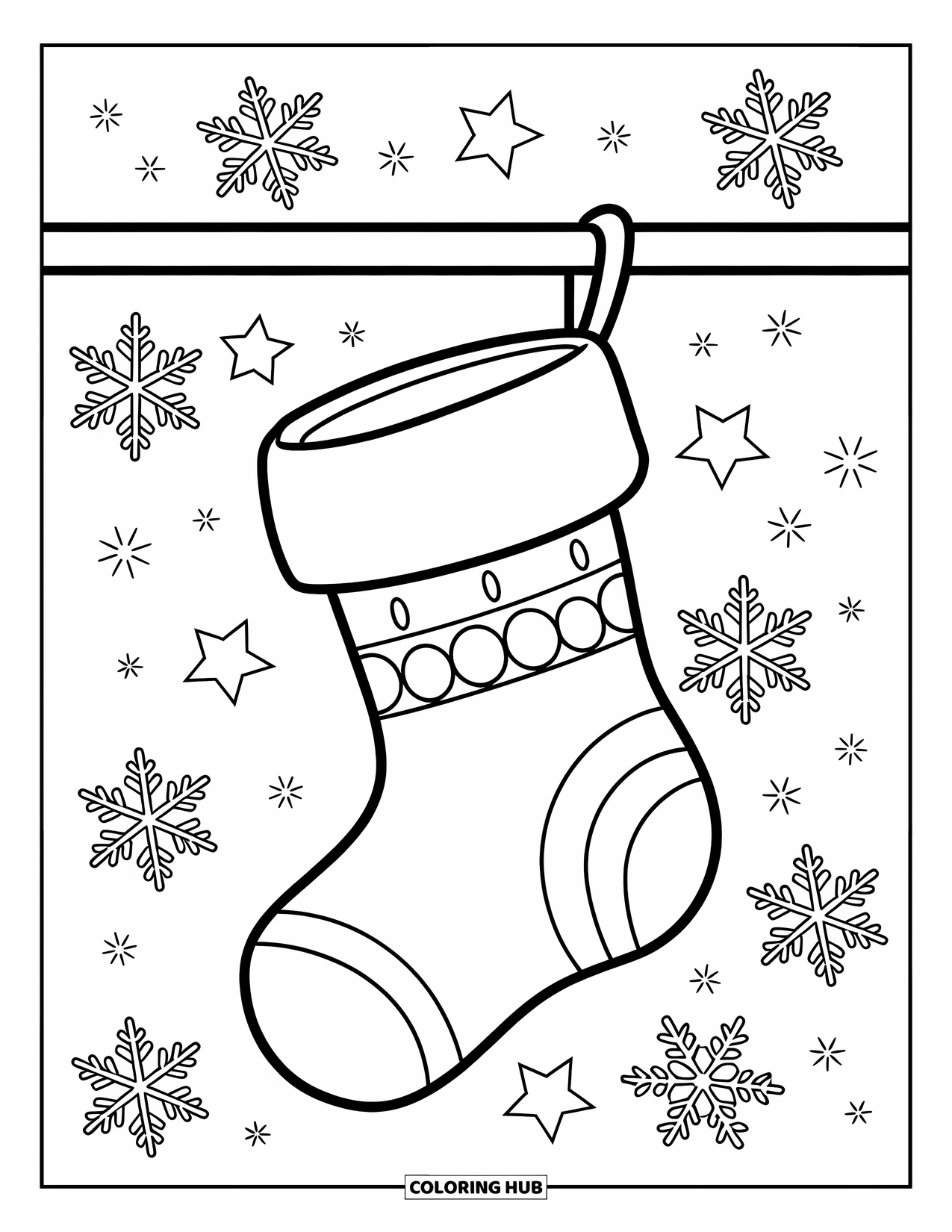 North Pole Coloring Page for Kids: A festive stocking hanging on a pole surrounded by stars and snow