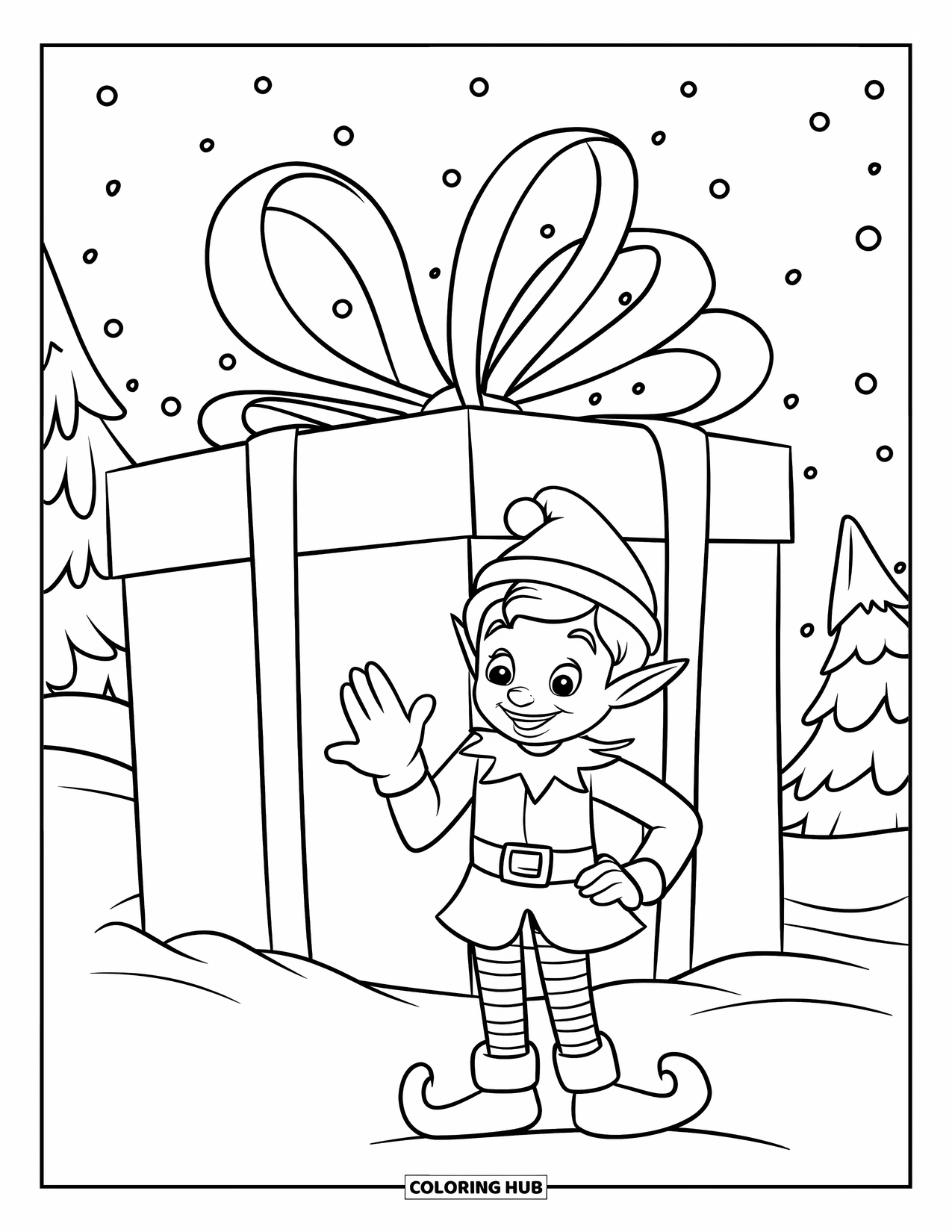 North Pole Coloring Page for Kids: A friendly elf waving beside a ribbon-wrapped snowy present