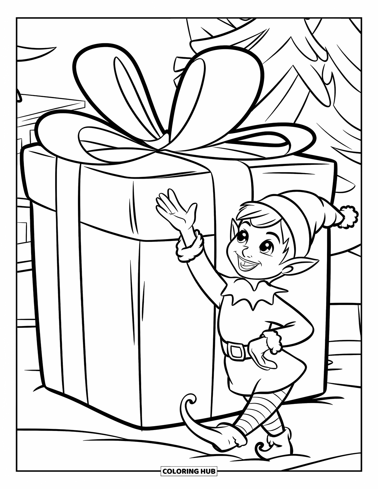 North Pole Coloring Page for Kids: A happy elf waving near a big present in the snowy North Pole