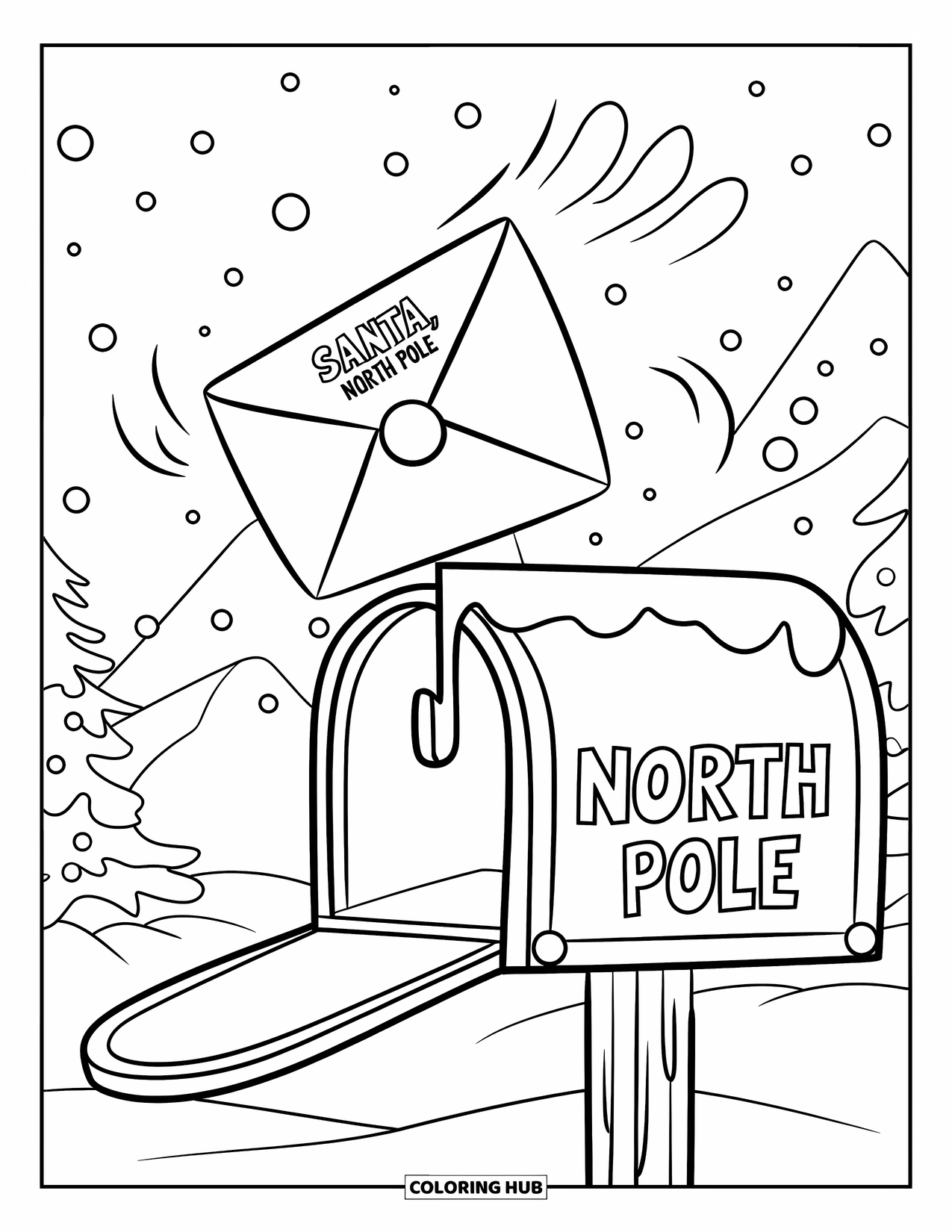 North Pole Coloring Page for Kids: A letter addressed to Santa soaring into a snowy mailbox