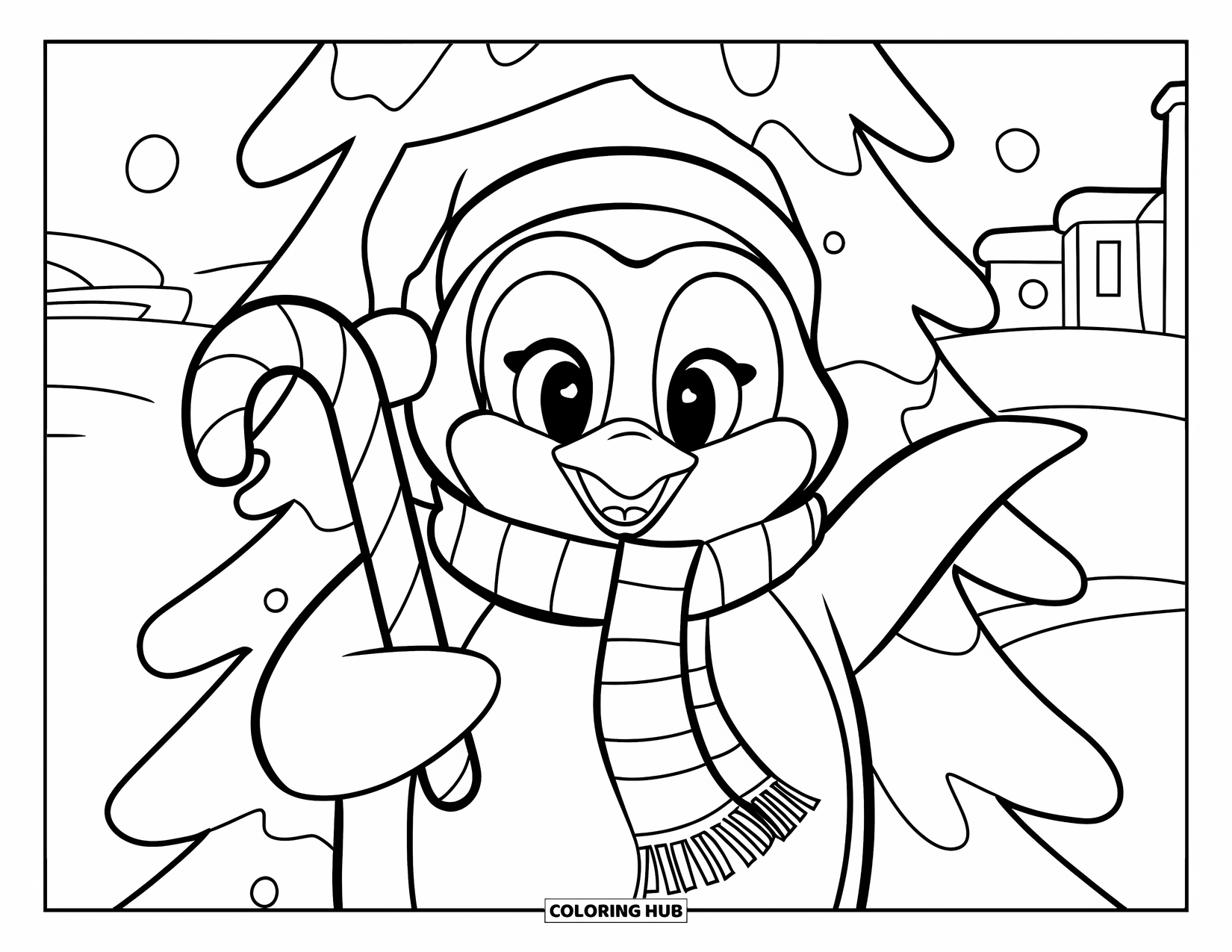 North Pole Coloring Page for Kids: A penguin with a striped scarf holding a candy cane by snowy trees