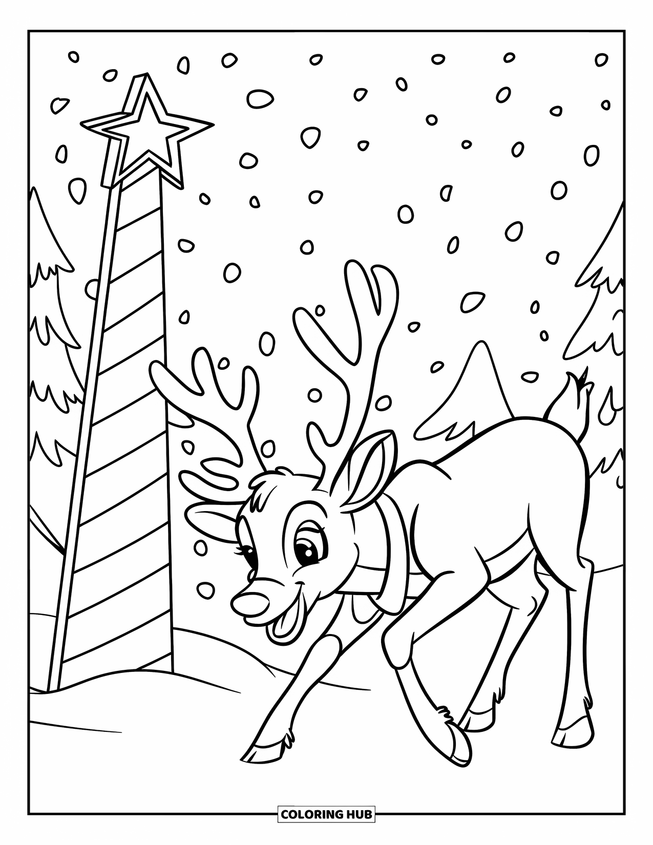 North Pole Coloring Page for Kids: A red-nosed reindeer playing beside a tall striped North Pole sign