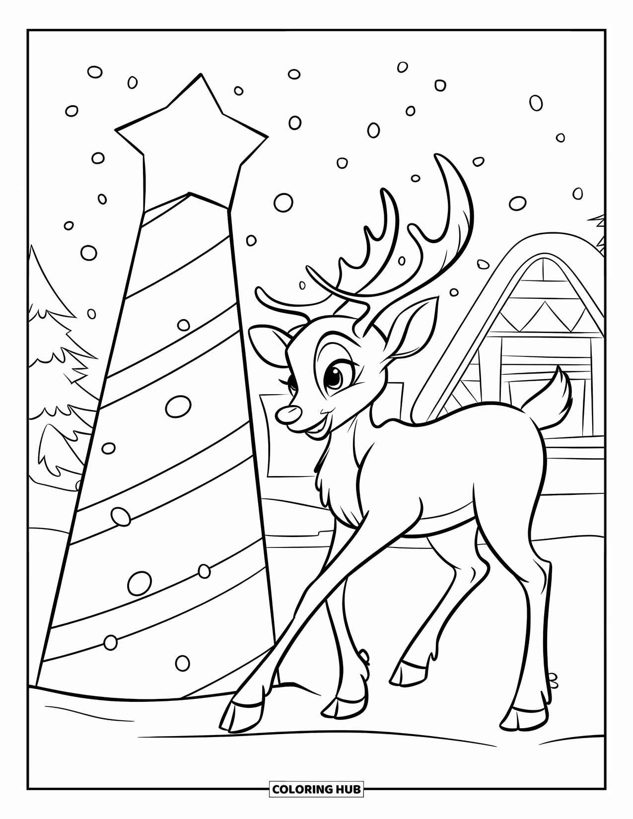 North Pole Coloring Page for Kids: A reindeer playing near a tall candy-striped North Pole sign