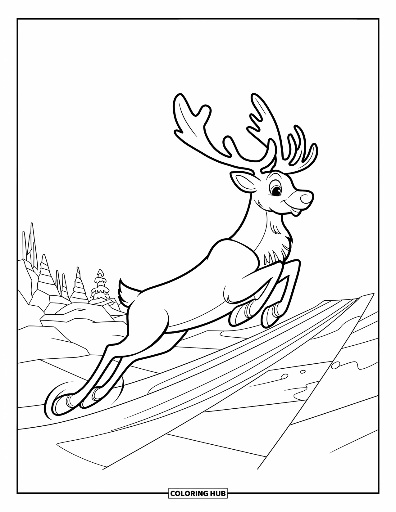 North Pole Coloring Page for Kids: A reindeer soaring high above snowy mountains and trees